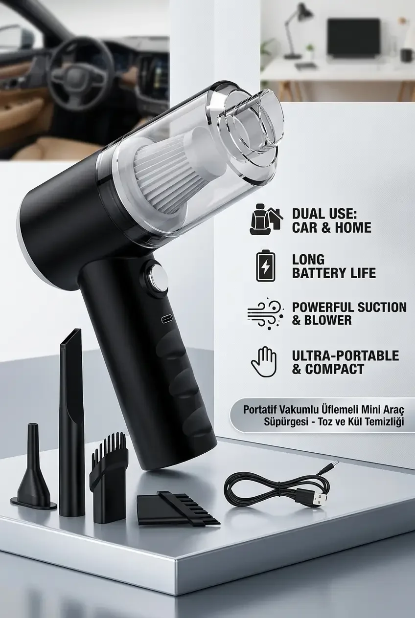 Mini El Süpürgesi Araç İçi Portatif Oto Temizlik Süpürgesi Kullanışlı Cihaz Modeli