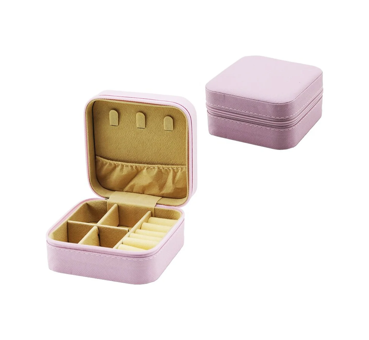 Mini Fermuarlı Takı Kutusu - Çanta Suni Deri 4 Bölme+6 Yüzüklük+3 Küpelik+file 10x10cm - Y:5cm 5224 Diğer