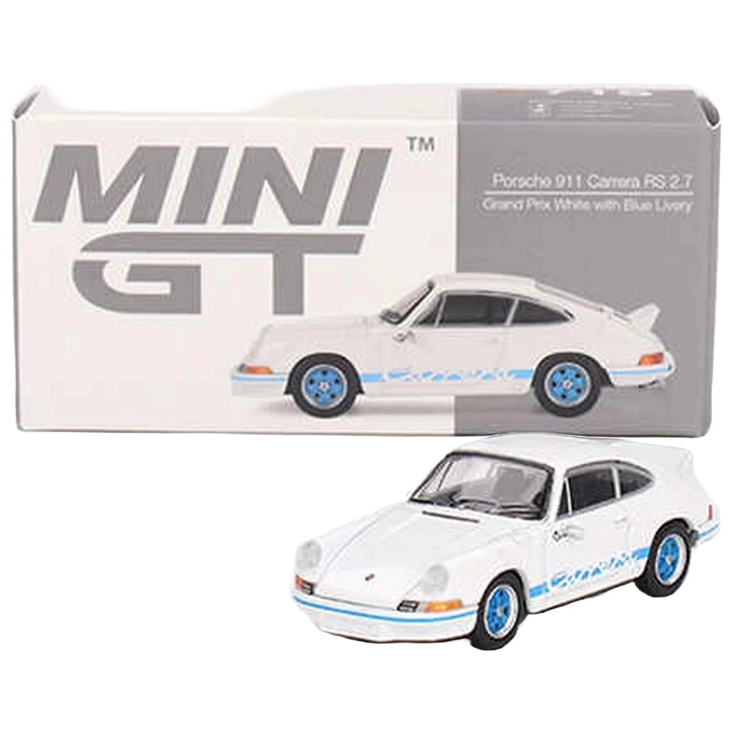 Mini GT 1/64 Porsche 911 Carrera RS 2.7 Grand Prix White with Blu