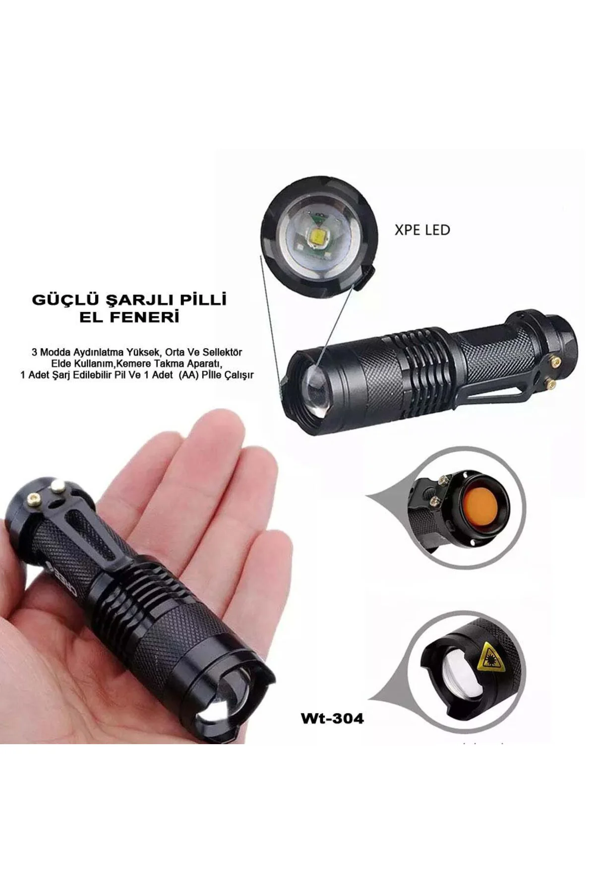 Mini Güçlü Şarjlı Pilli EL Feneri Watton Wt-304 Mini Güçlü Şarjlı Pilli EL Feneri Watton Wt-304