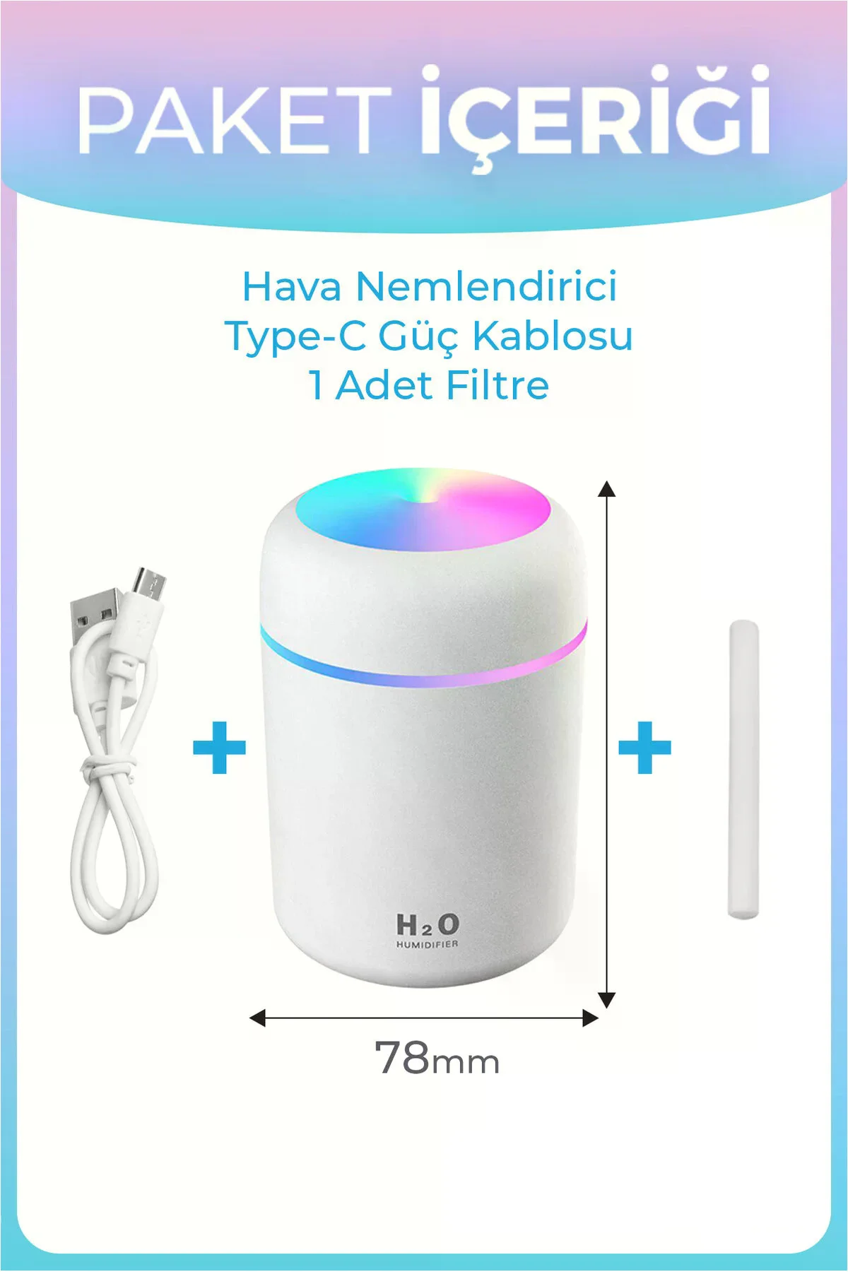 Mini Hava Nemlendirici 300ML RGB Işıklı Type-C Buhar Makinesi Ses