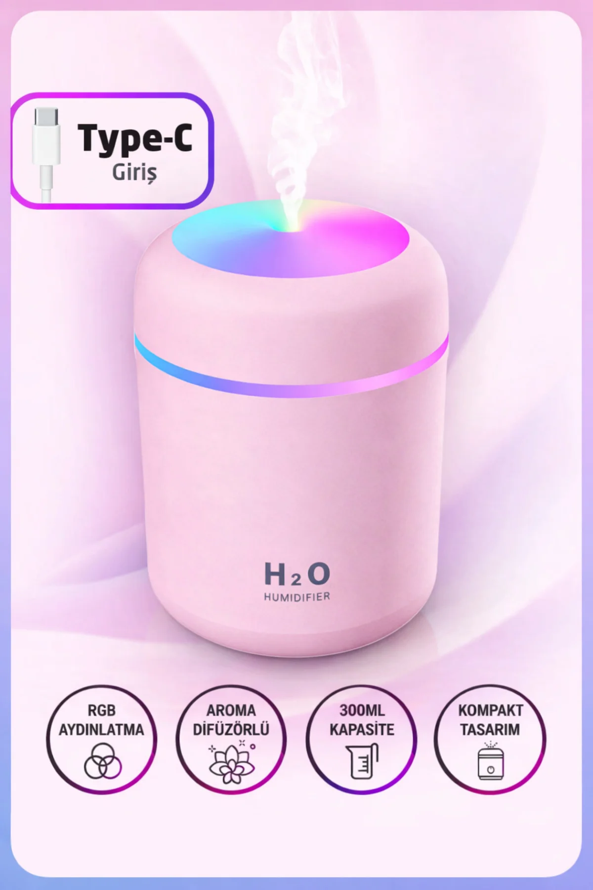 Mini Hava Nemlendirici 300ML RGB Işıklı Type-C Buhar Makinesi Ses