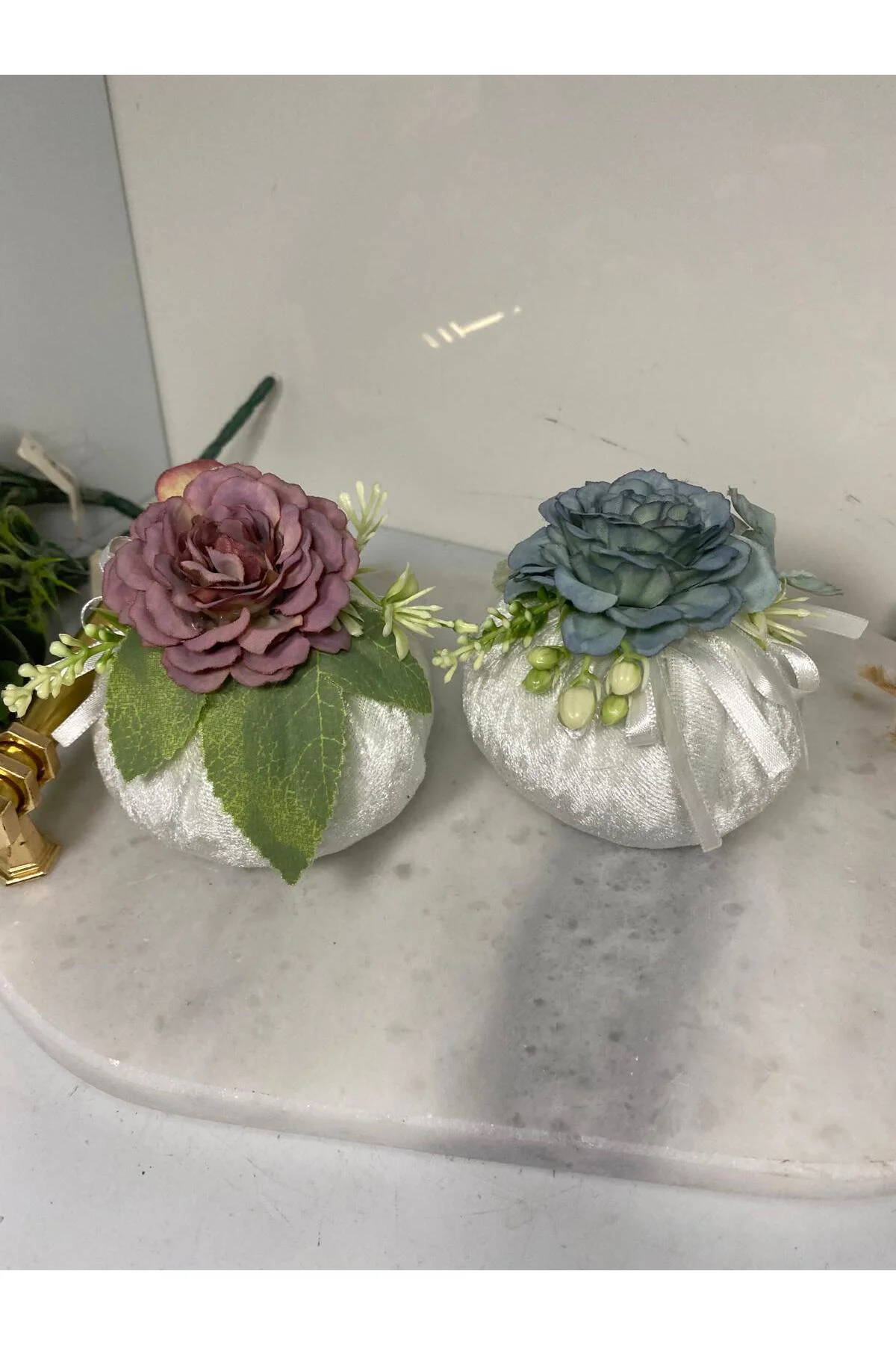 Mini Kadife Kumaş Dekoratif Çiçekli Kese 2 Li