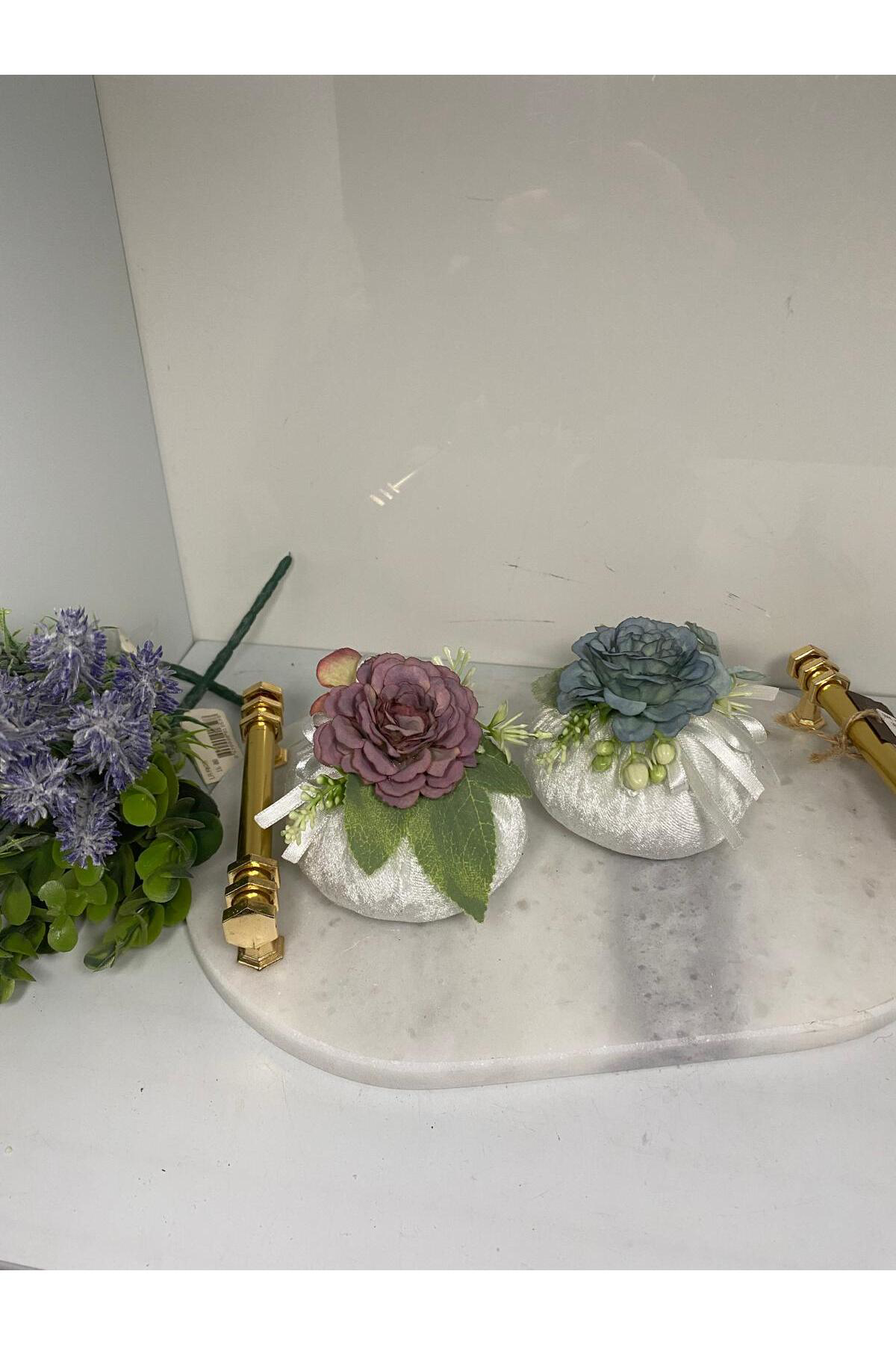 Elif Aksesuar Mini Kadife Kumaş Dekoratif Çiçekli Kese 2 Li