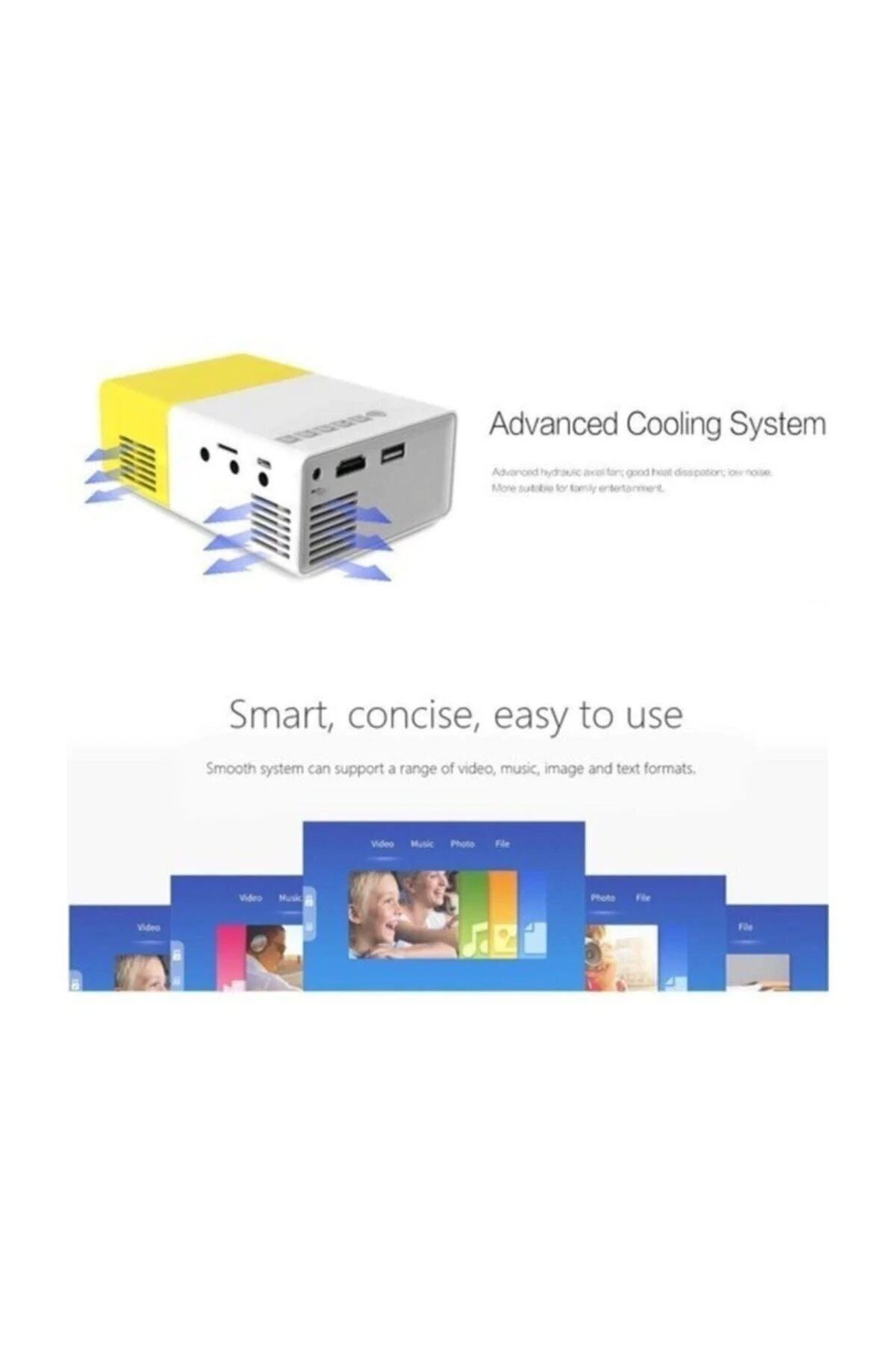 Mini LED Projeksiyon Cihazı, SVGA Çözünürlük, 400 ANSI Lümen Parlaklık, HDMI ve USB Bağlantılı