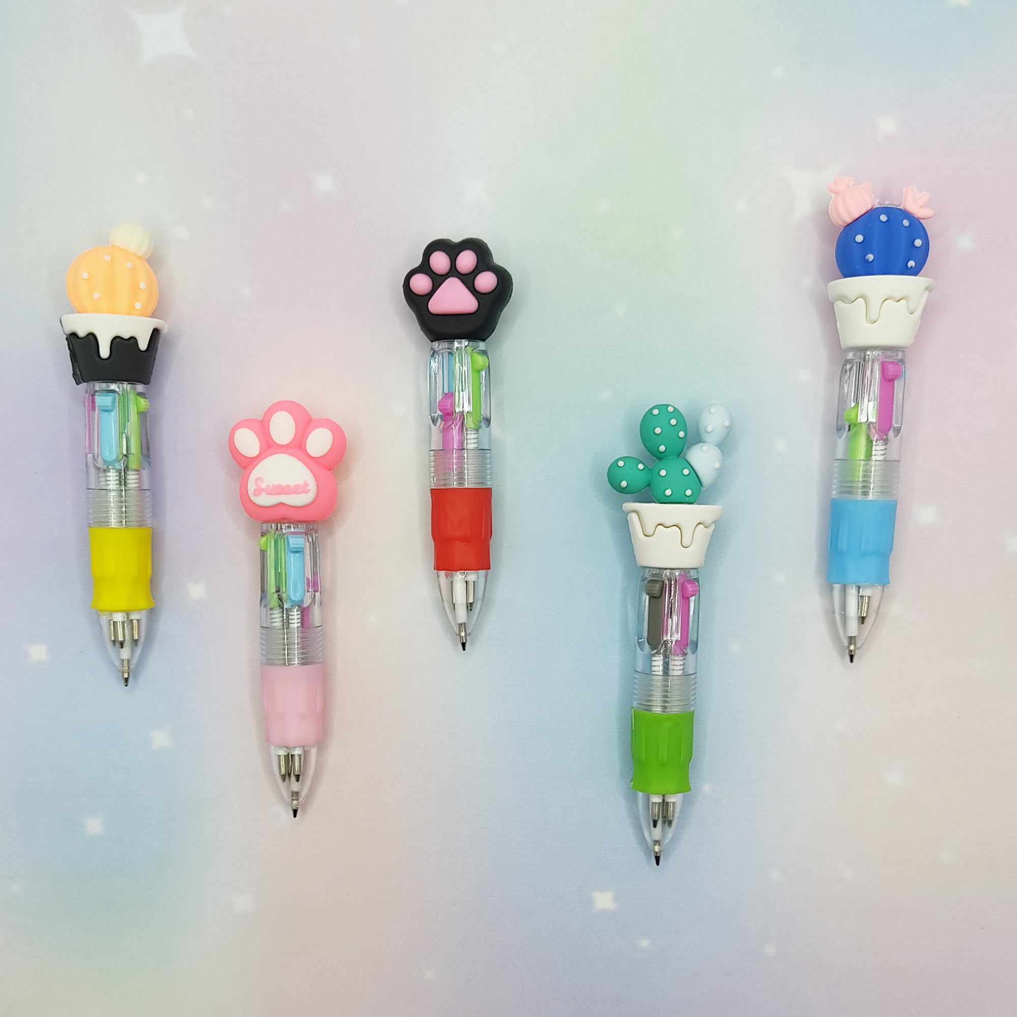 Mini Mavi Yuvarlak Kaktüslü Çoklu 4 Renkli Tükenmez Kalem - 1 Ade