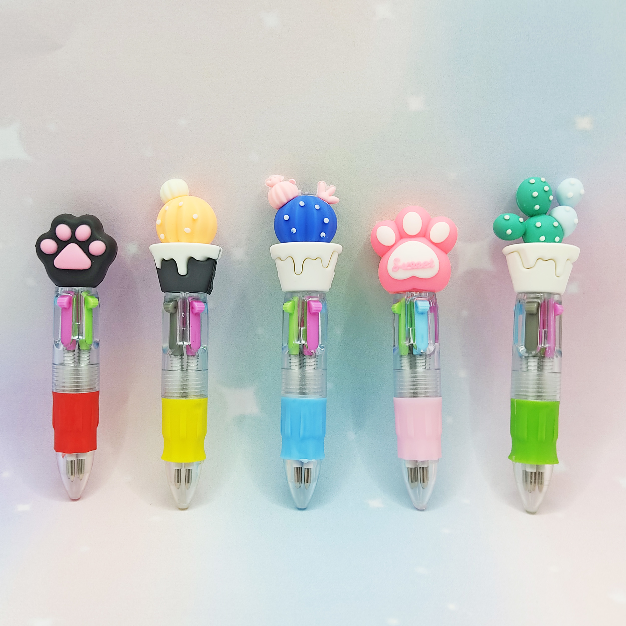 Mini Mavi Yuvarlak Kaktüslü Çoklu 4 Renkli Tükenmez Kalem - 1 Ade