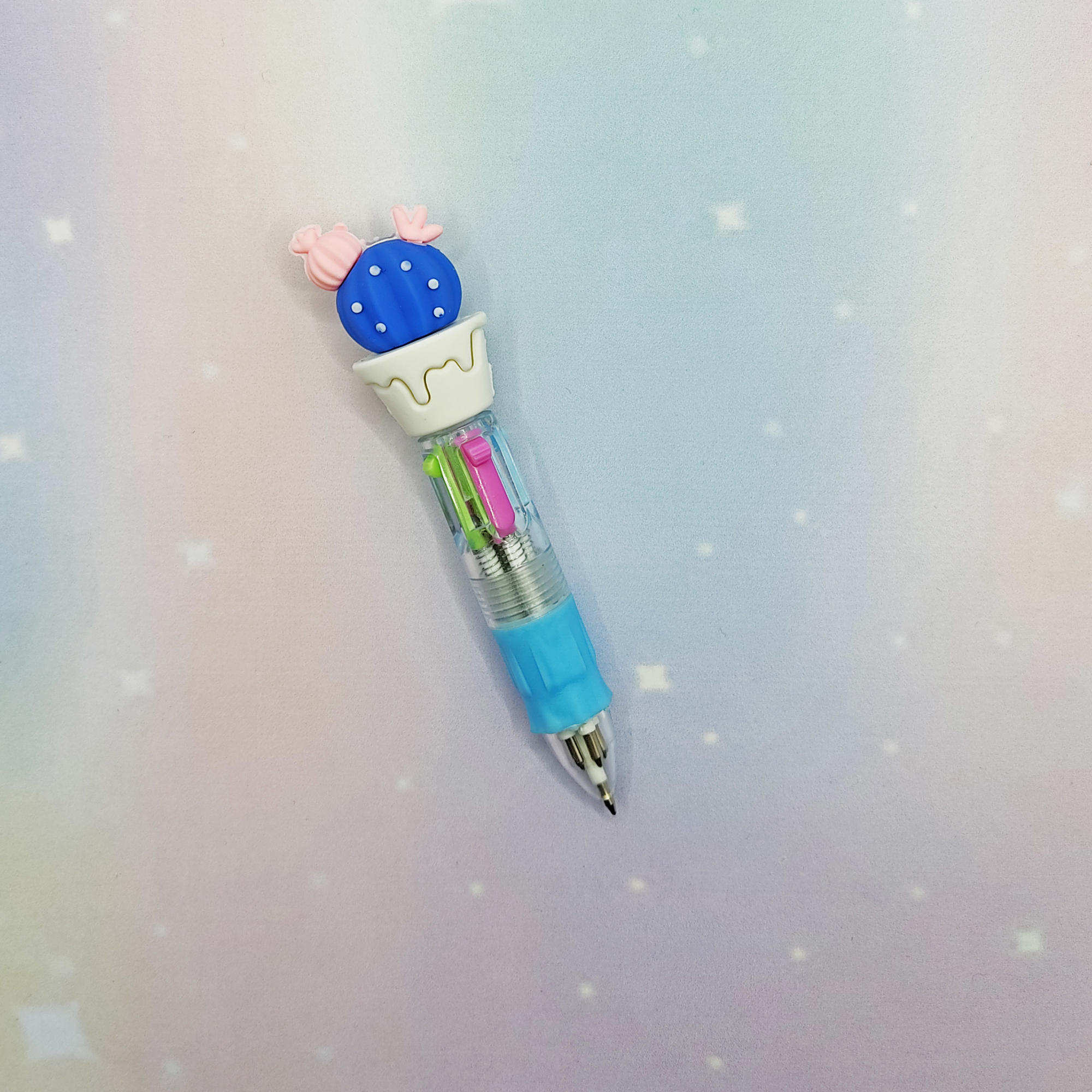 Mini Mavi Yuvarlak Kaktüslü Çoklu 4 Renkli Tükenmez Kalem - 1 Ade