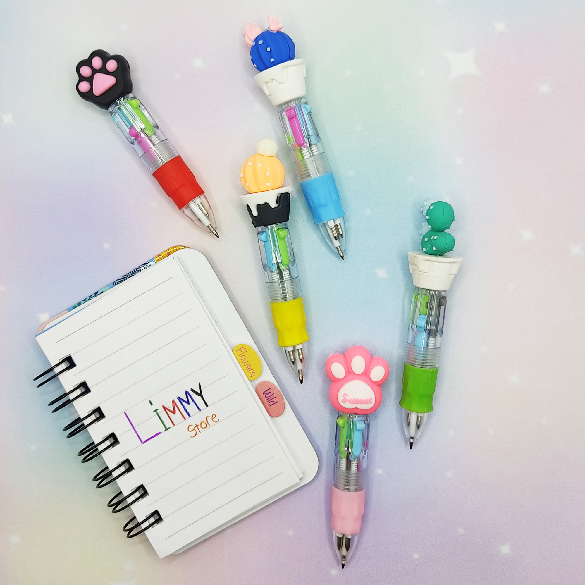 Mini Mavi Yuvarlak Kaktüslü Çoklu 4 Renkli Tükenmez Kalem - 1 Ade