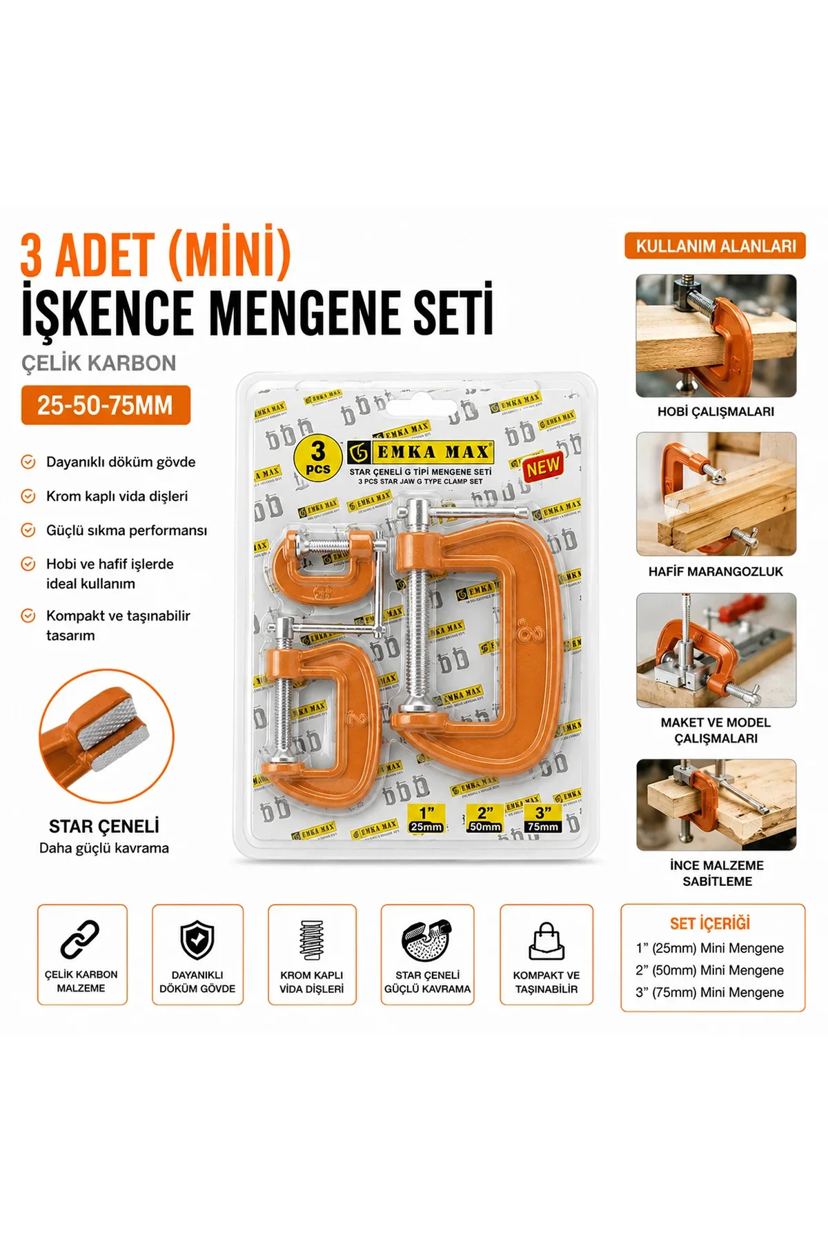 Mini Mengene Seti 3'lü (25-50-75 mm) Karbon Çelik