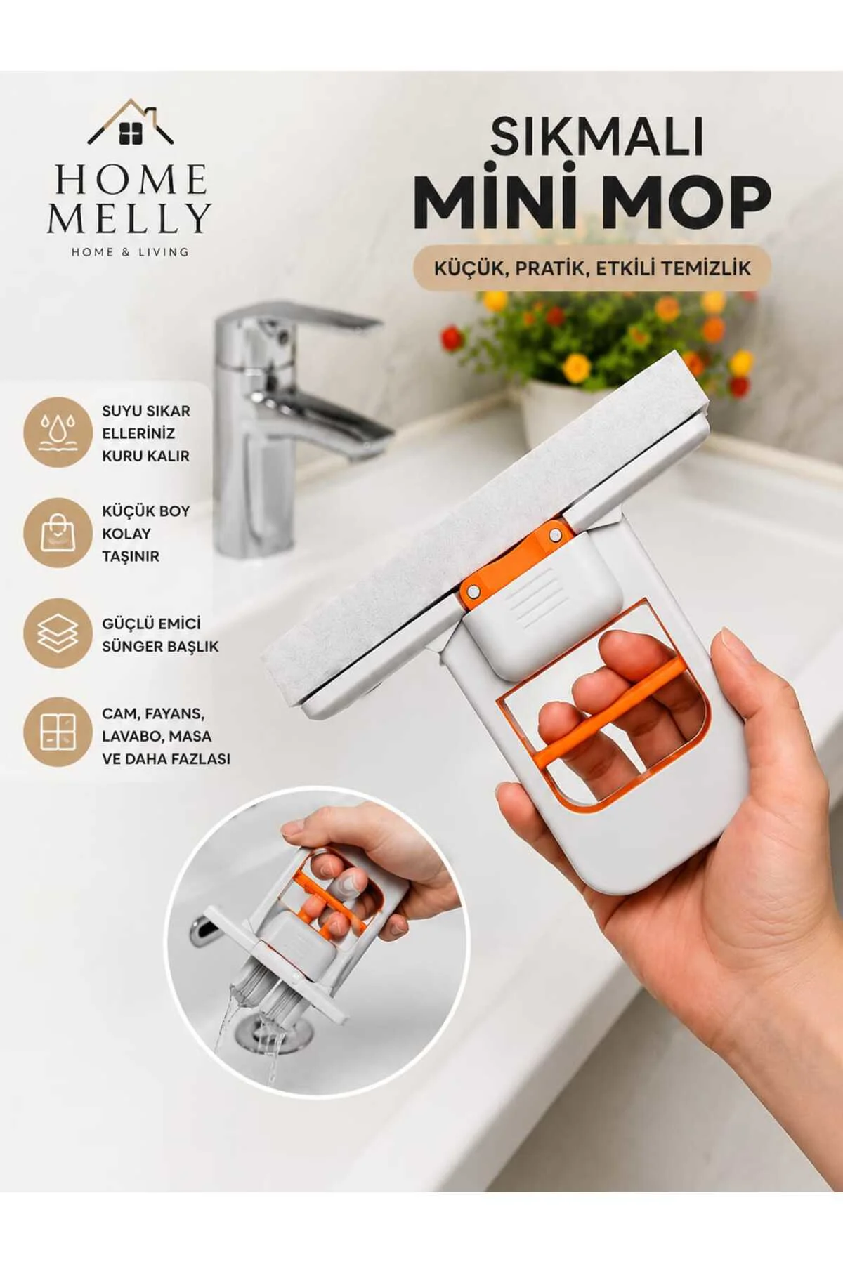 Mini Mop Kolay Temizlik Emici Süngerli Pratik Sıkmalı Mini Mop