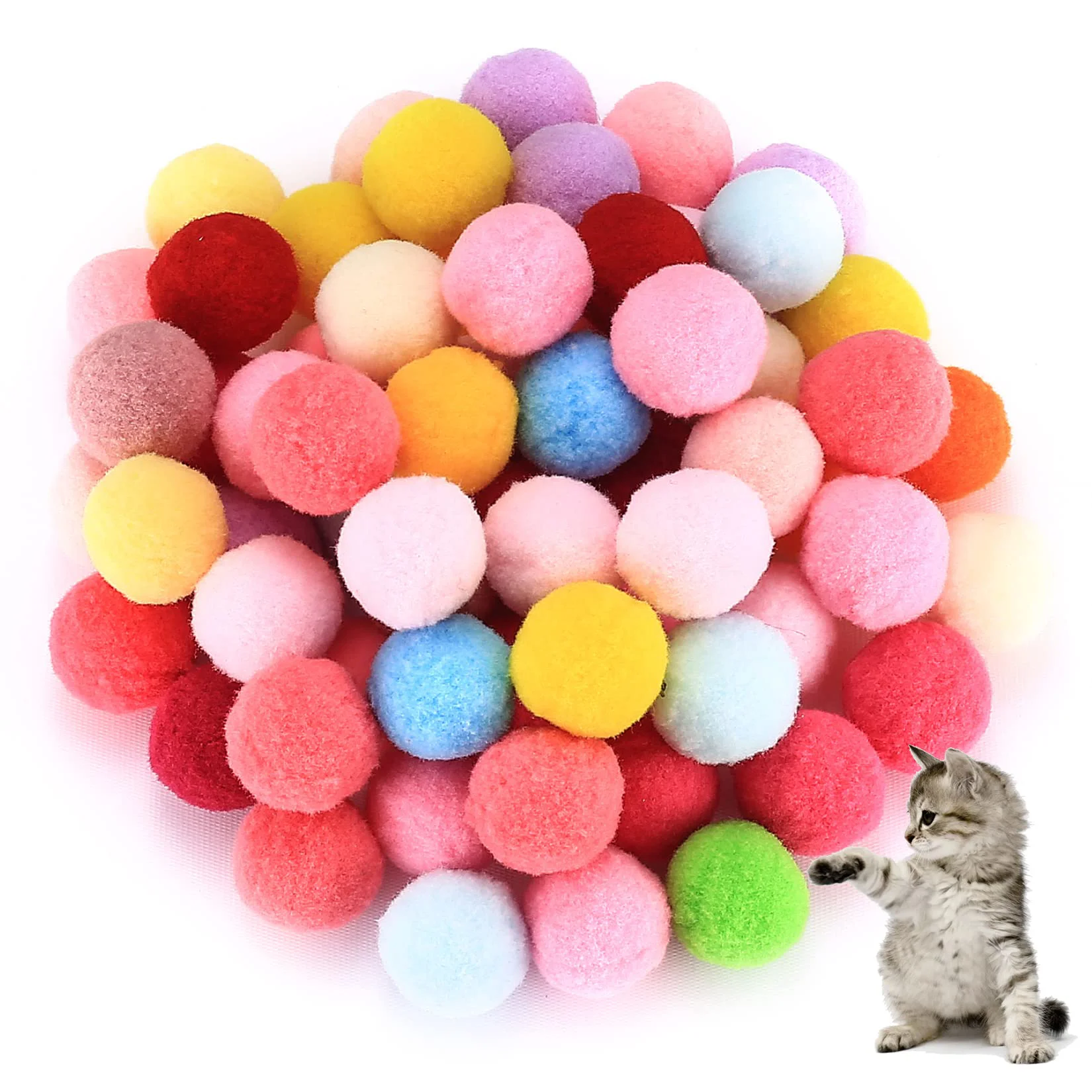Mini Ponpon Kedi Oyuncak Topu 5 cm ( 2 Adet ) – Yumuşak Renkli Sessiz Kedi Oyun Topu