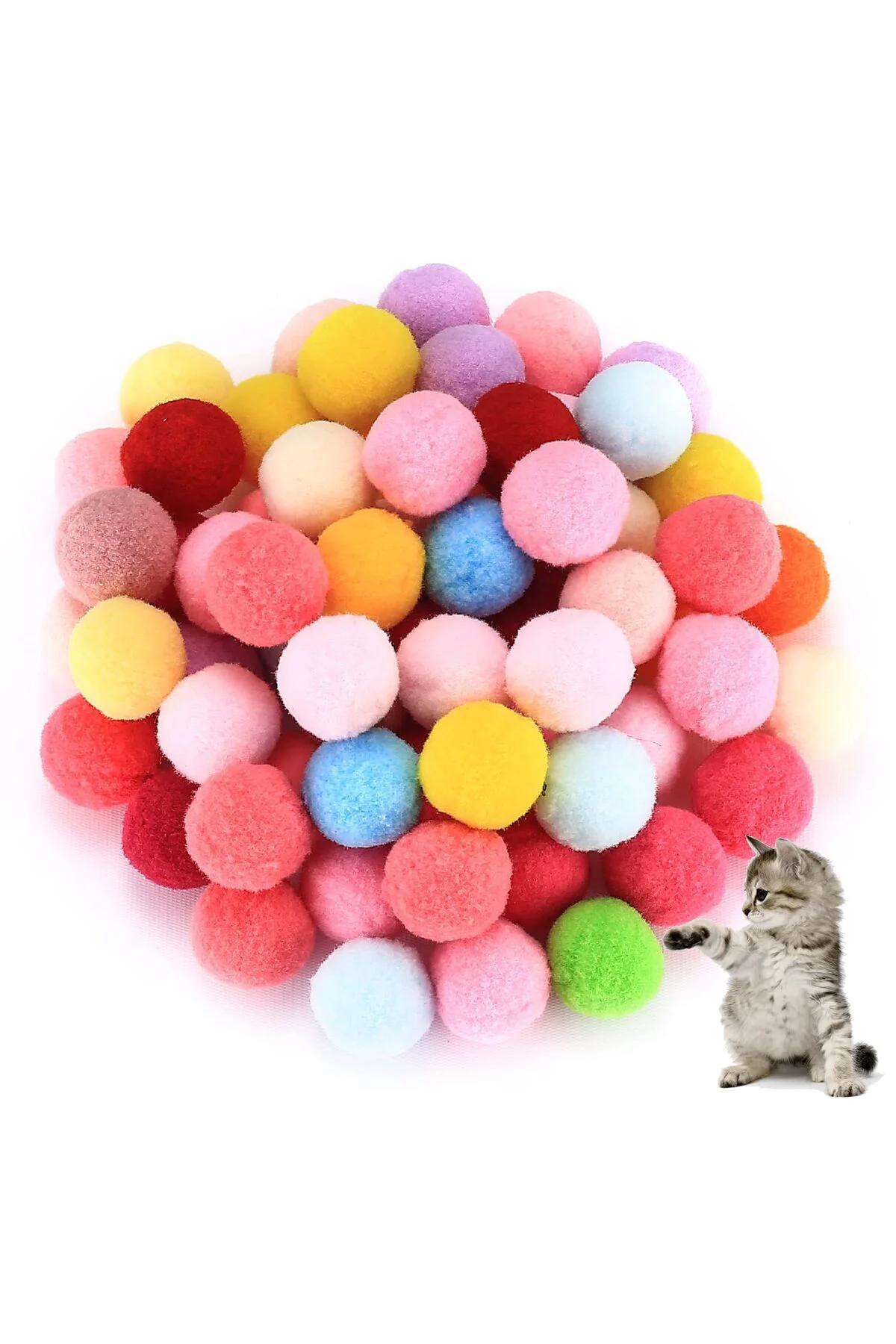 Mini Ponpon Kedi Oyuncak Topu 5 cm ( 2 Adet ) – Yumuşak Renkli Sessiz Kedi Oyun Topu