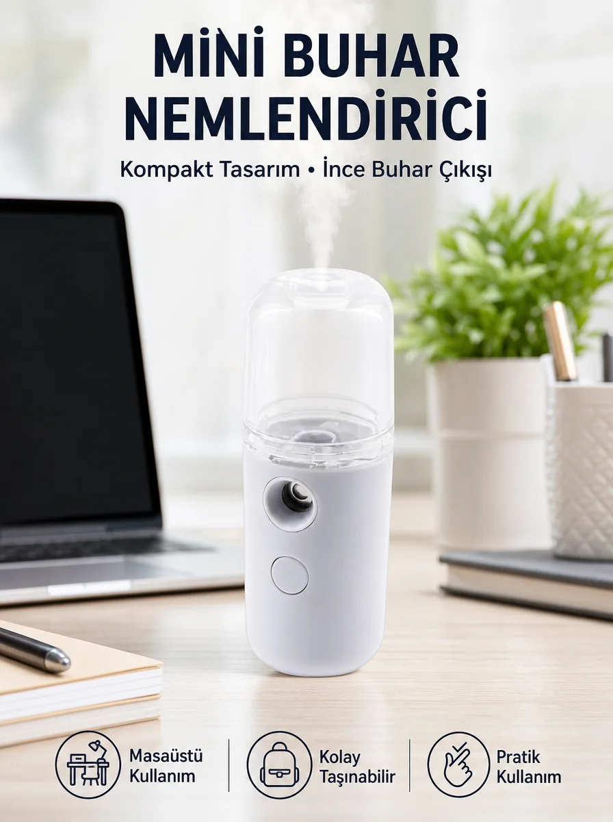 Mini Şarjlı Buhar Nemlendirici – Taşınabilir, Enerji Tasarruflu, Kablosuz Kullanım Yeni Nesil