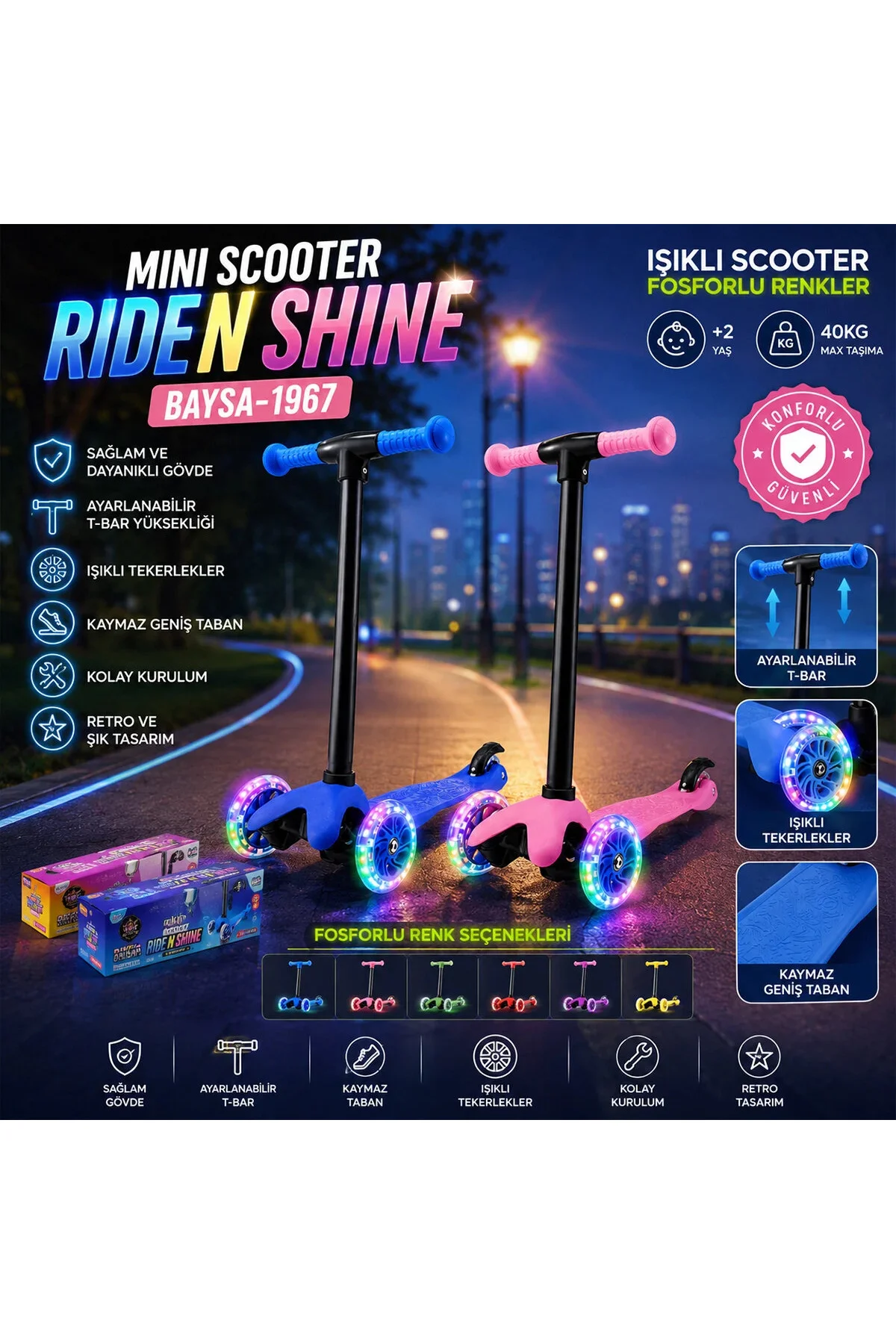 Mını Scooter Rıden Shıne Işıklı Scooter 55X57-64-71CM Fosforlu Renkli +2 Yaş - 40KG Max Taşıma Herha