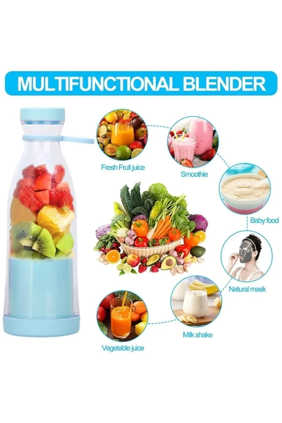 Mini taşınabilir şarjlı mavi smoothie meyve sebze blender 500-1500 watt 2 yıl garantili