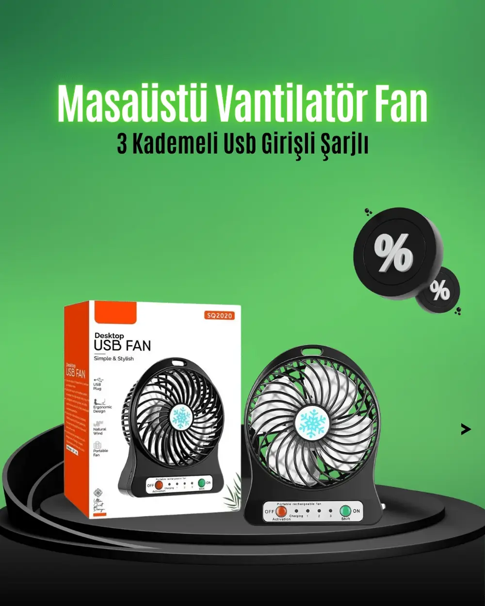Mini USB Fan – Şarj Edilebilir, Işıklı, 3 Kademe, Taşınabilir Mas