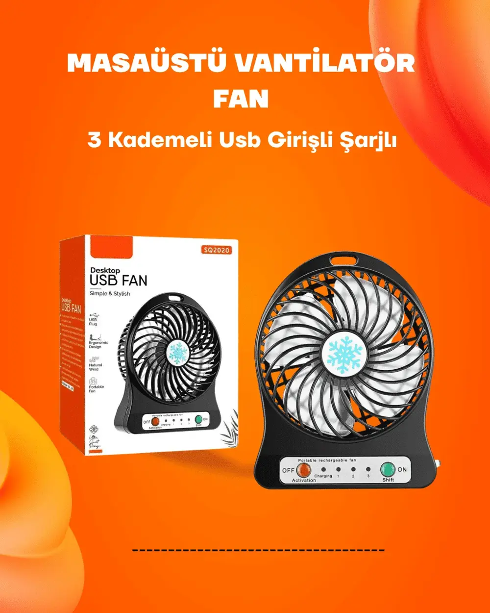 Mini Vantilatör Masaüstü – USB Girişli, Şarjlı, 3 Kademe, Sessiz