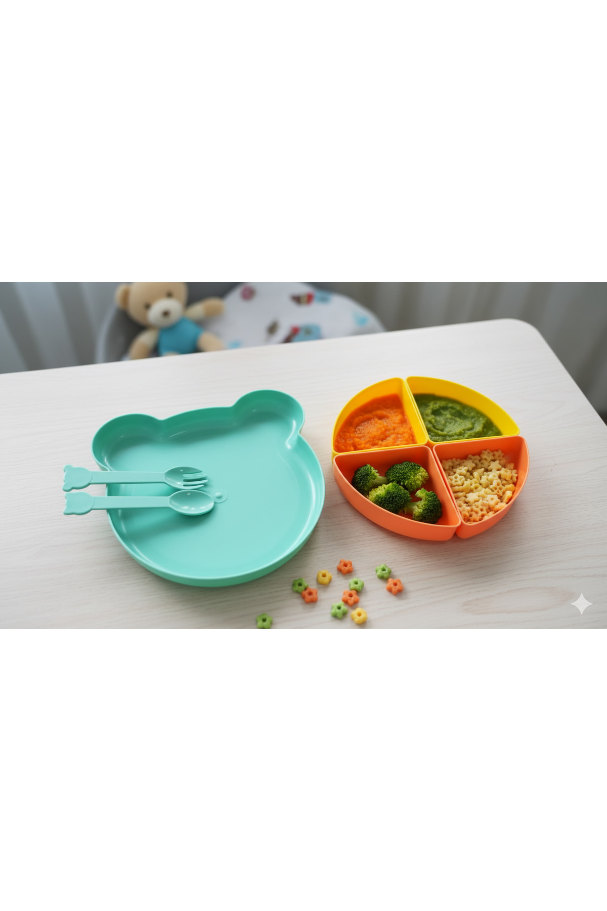 Minik Ayıcık Beslenme Seti | Bölmeli Mama Tabağı & Çatal Kaşık Se