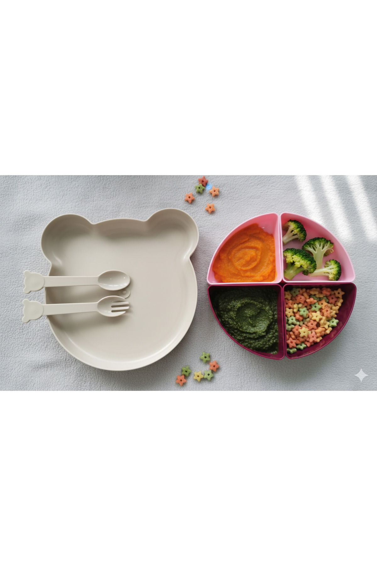 Minik Ayıcık Beslenme Seti | Bölmeli Mama Tabağı & Çatal Kaşık Se