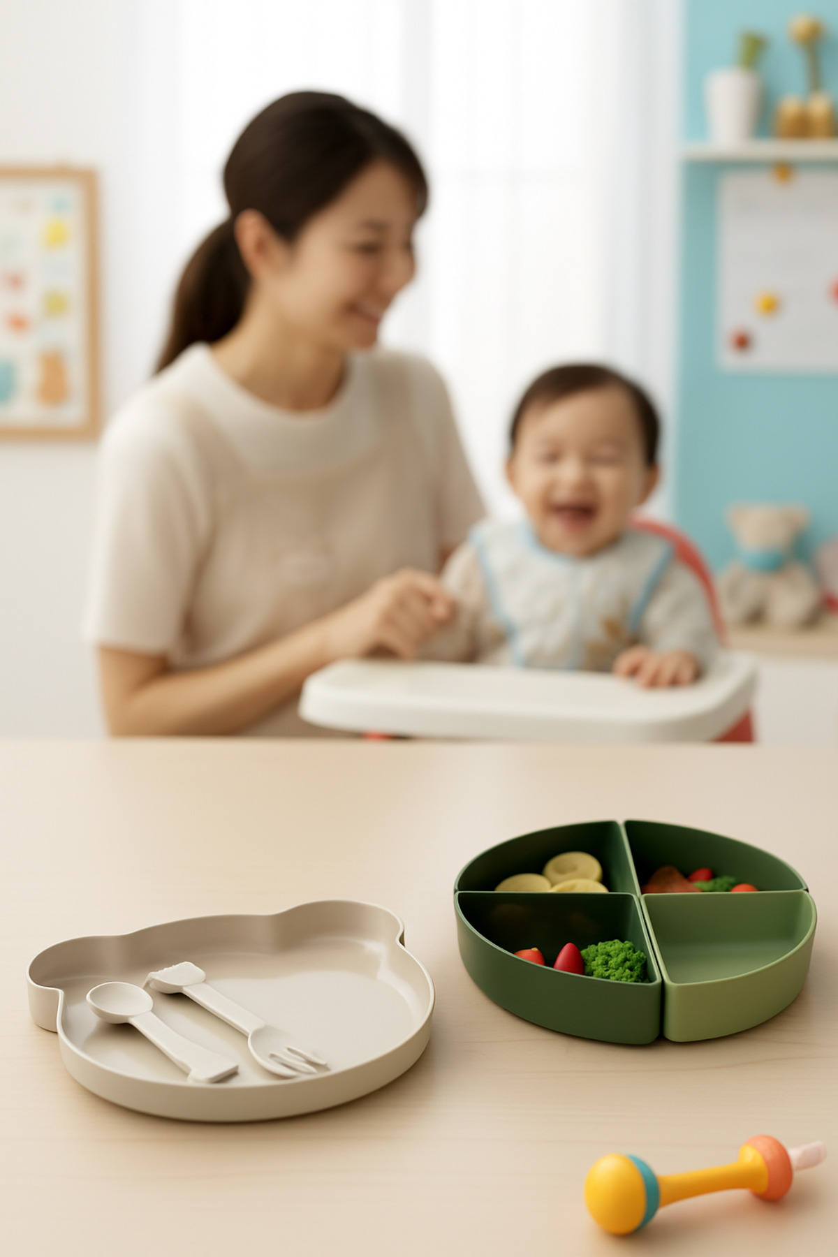 Pazar Kapısı Minik Ayıcık Beslenme Seti | Bölmeli Mama Tabağı & Çatal Kaşık Se