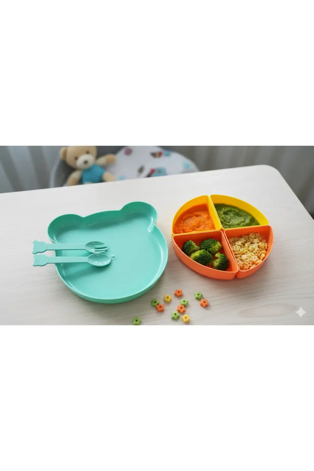 Minik Ayıcık Beslenme Seti | Bölmeli Mama Tabağı & Çatal Kaşık Se