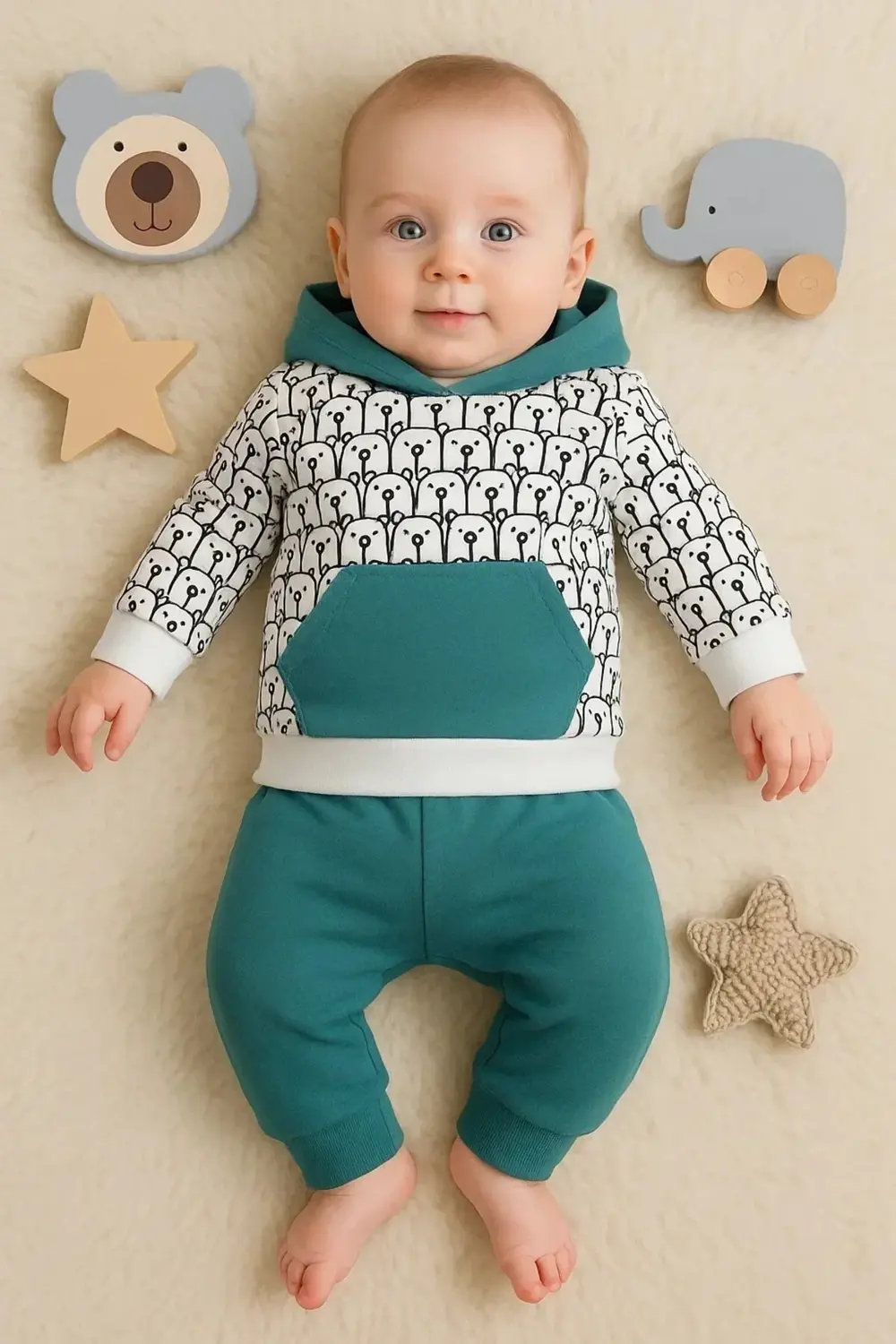 Minik Ayıcıklar Desenli 2'li % 100 Pamuk Erkek Bebek Takımı