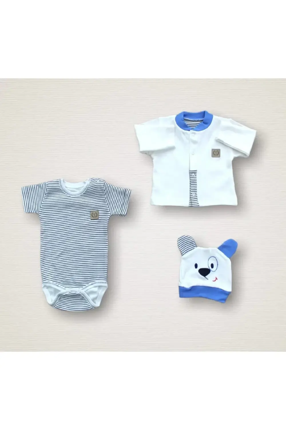 Minik Centilmen Ayı Nakışlı 10lu Zıbın Takımı Hastane Çıkışı Mavi