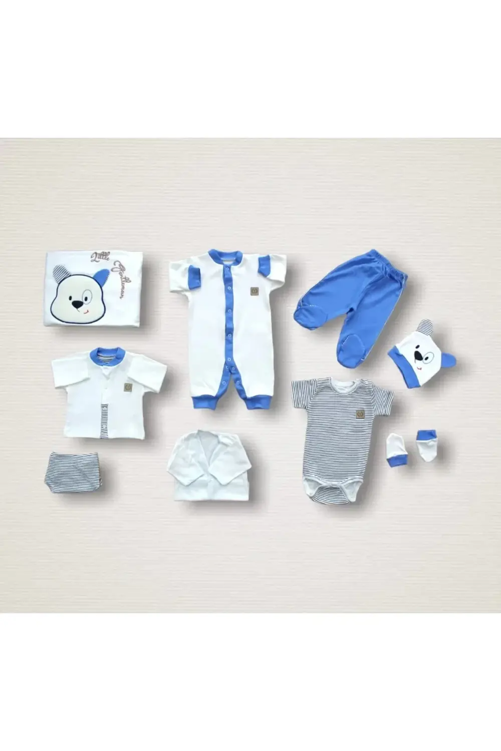 Minik Centilmen Ayı Nakışlı 10lu Zıbın Takımı Hastane Çıkışı Mavi