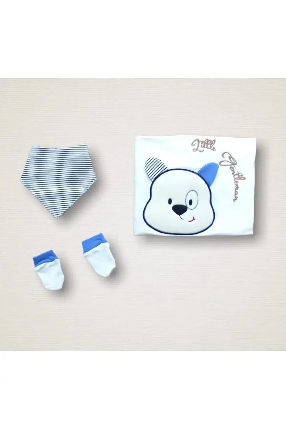 Minik Centilmen Ayı Nakışlı 10lu Zıbın Takımı Hastane Çıkışı Mavi
