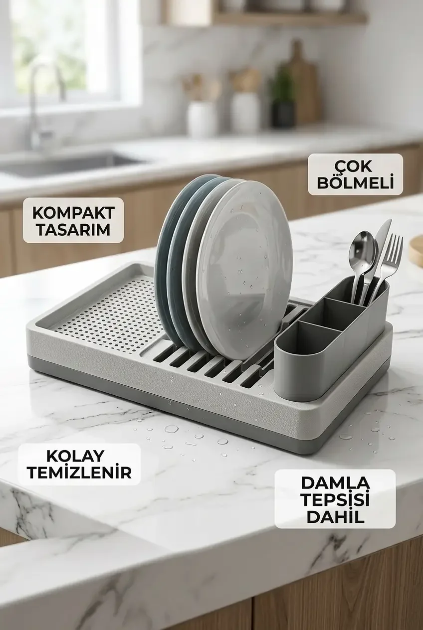 Minimal Gri Tezgah Üstü Bulaşıklık Tabak Bardak Kaşık Kurutmalık Mutfak Rafı