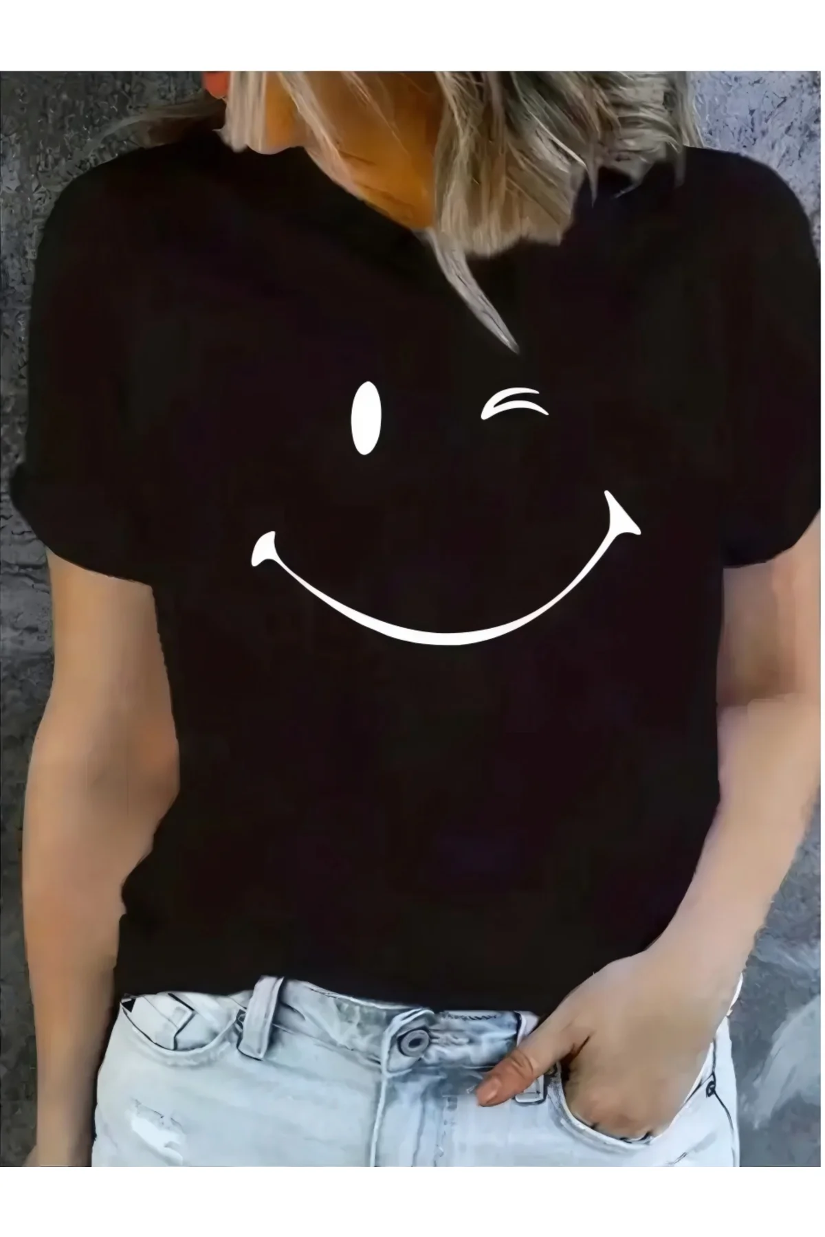 minimal gülümseyen yüz baskılı Tişört kısa kol yazlık T-shirt