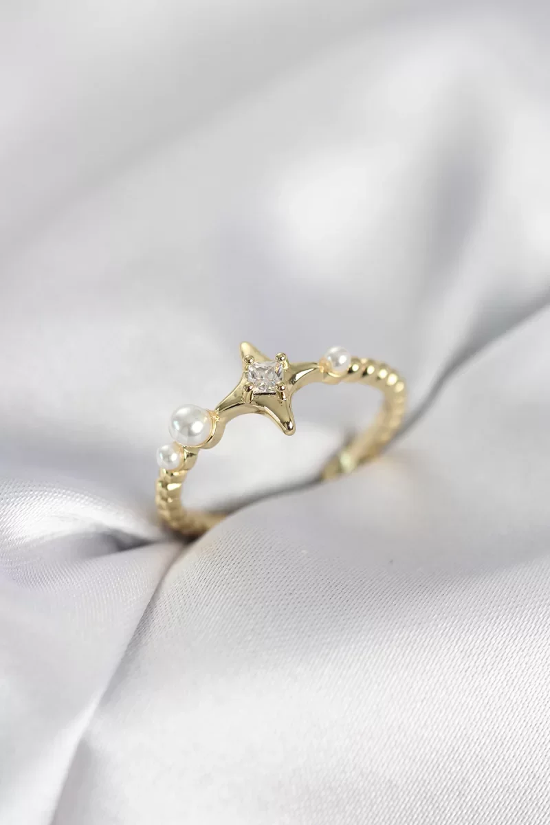 Minimal Kutup Yıldızı Model Zirkon Taşlı Gold Renk Kadın Yüzük - Lisinya