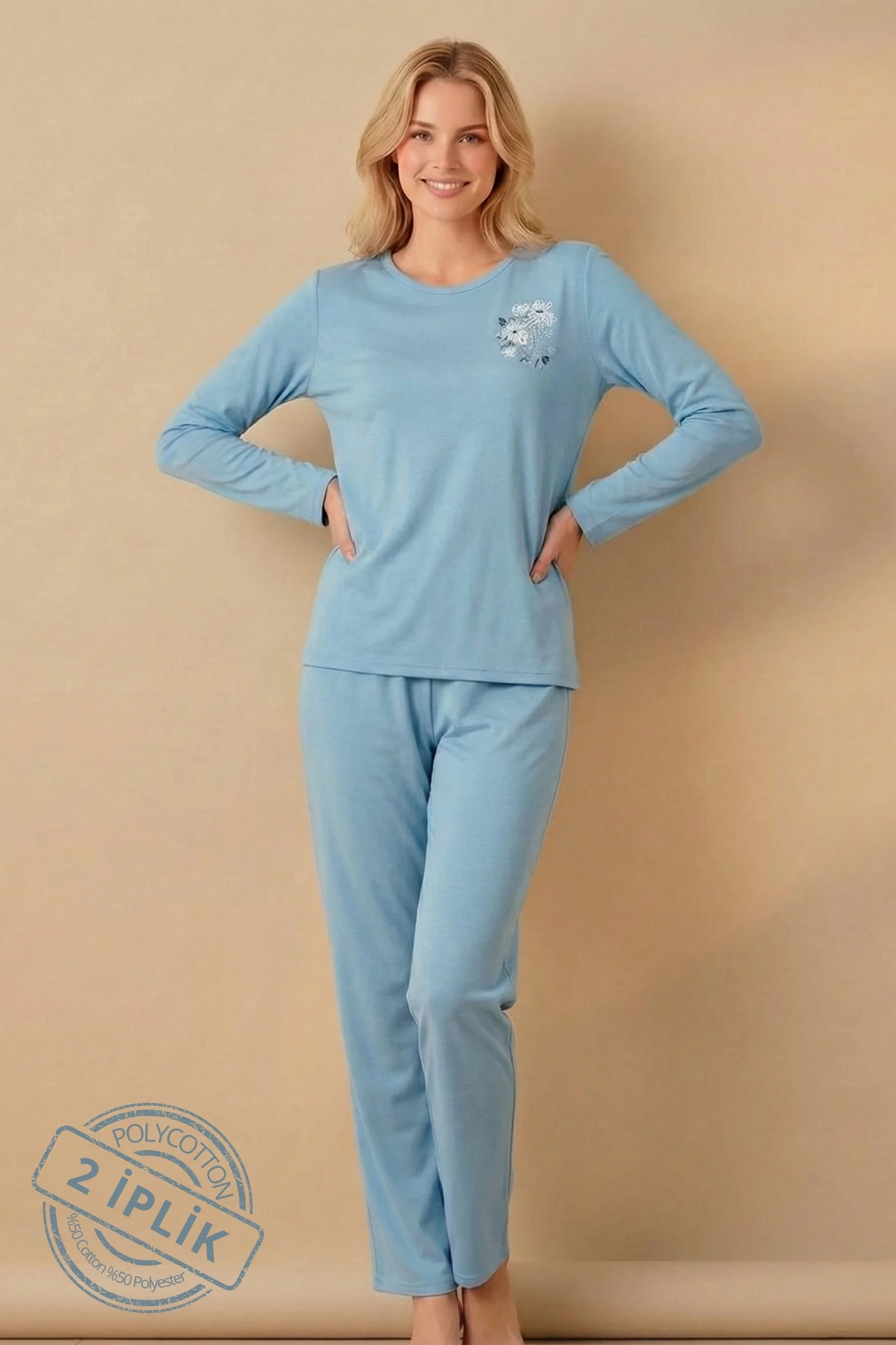 Minimalist Desenli Geniş Beden Sade Şık Uzun Kollu Örme Pijama Takımı, Mavi, 2XL Fiyatı, Yorumları ve Özellikleri