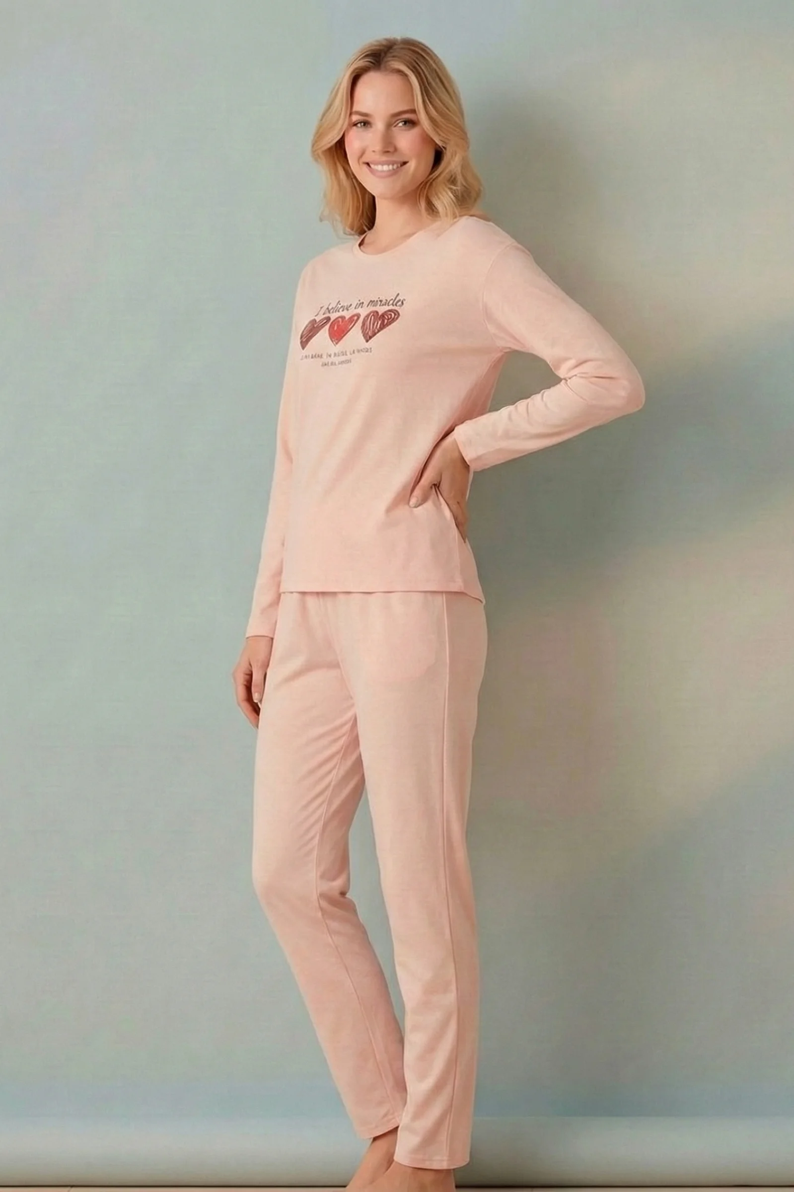 Minimalist Desenli Geniş Beden Sade Şık Uzun Kollu Örme Pijama Takımı, Somon, XL Minimalist Desenli Geniş Beden Sade Şık Uzun Kollu Örme Pijama Takımı, Somon, XL