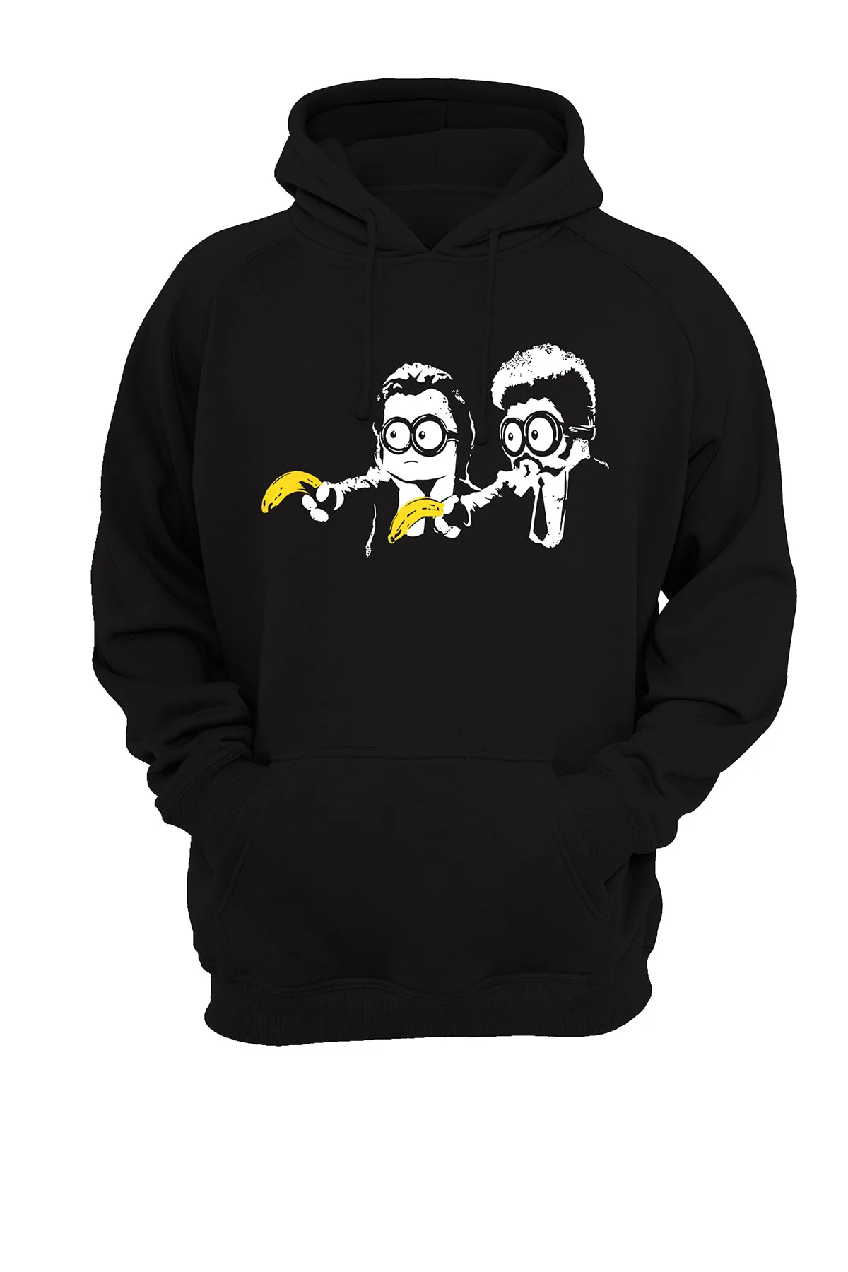 Minions Pulp Fiction Baskılı Siyah Kapüşonlu Sweatshirt 3 Iplik Pamuk Şardonlu