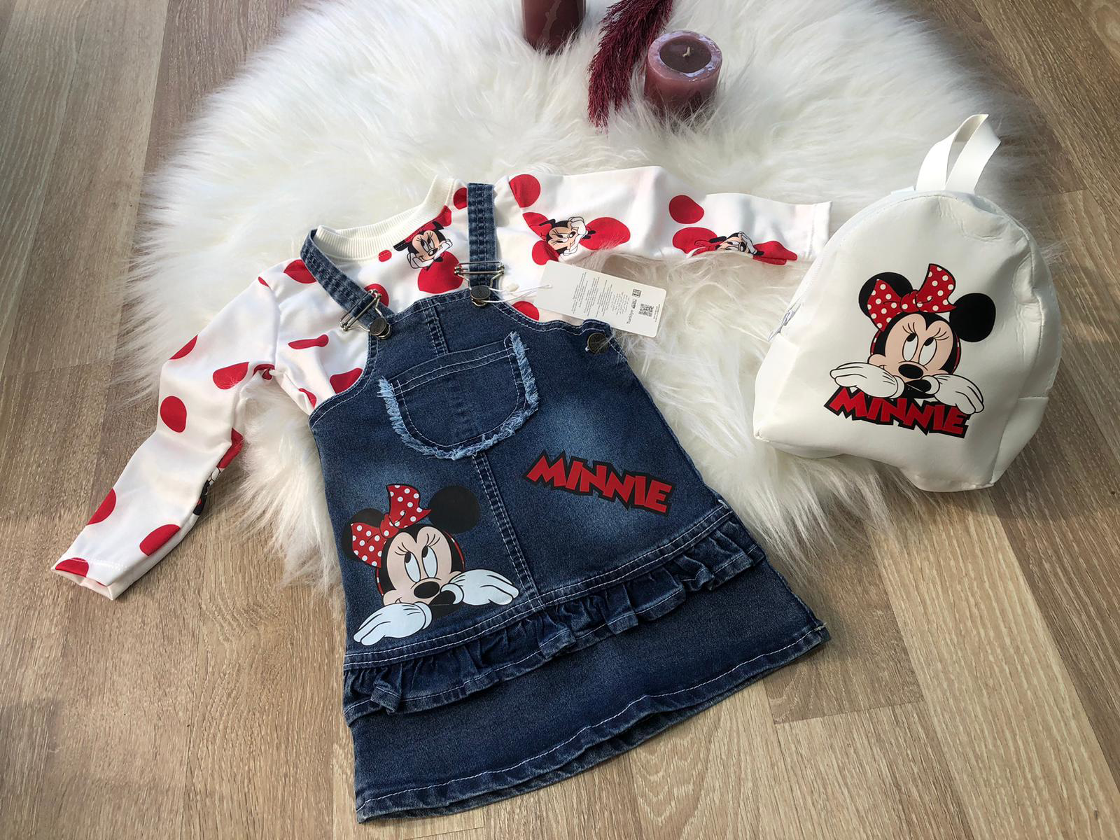 Minnie Desenli Badili Çantalı 3lü  Kız Çocuk Ayarlanabilir Askılı
