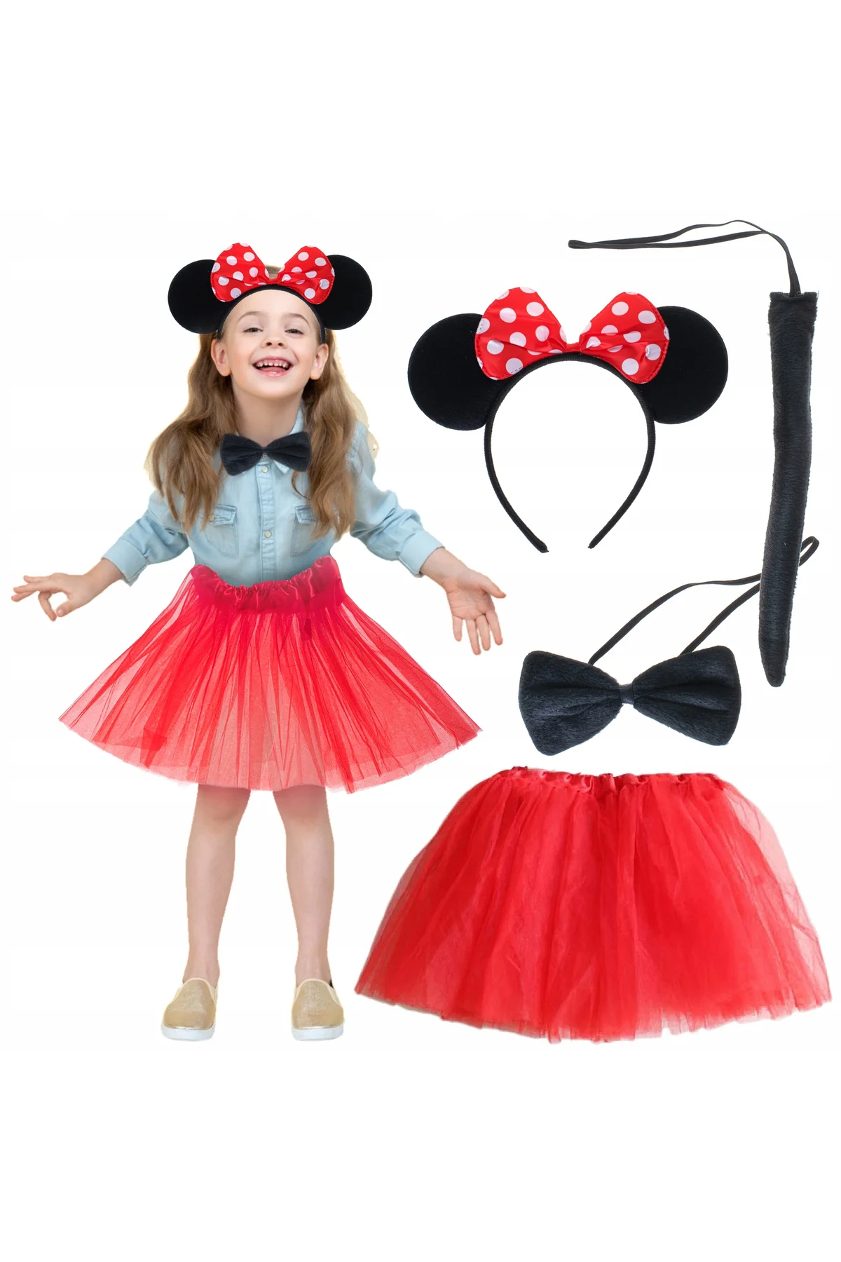 Minnie Mouse Kostüm Seti Etek Taç Kuyruk Papyon Gösteri Seti (506