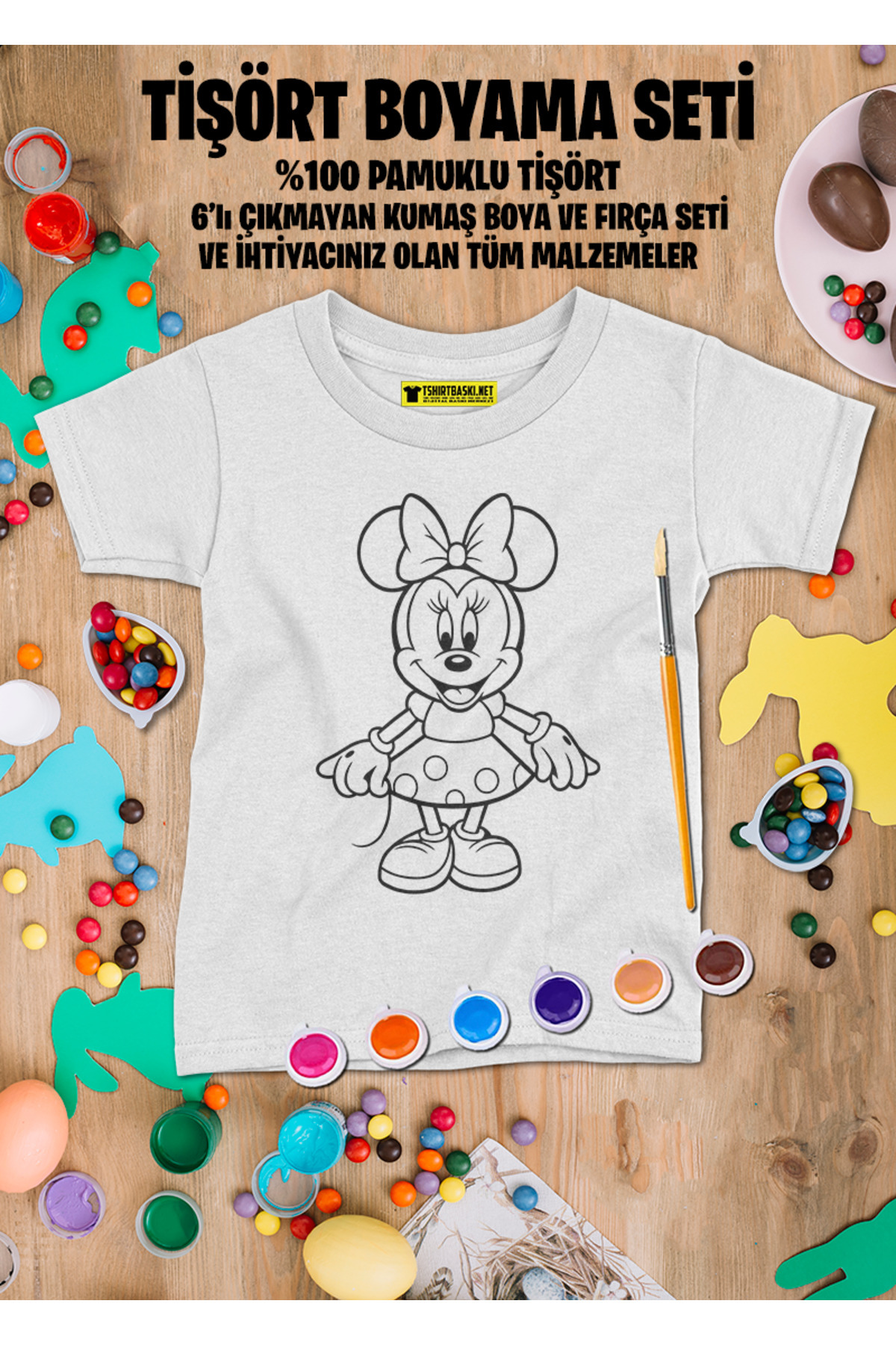 Minnie Tişört Boyama Seti – Çocuk Full Set Fırçalı, Kreatif Elbis