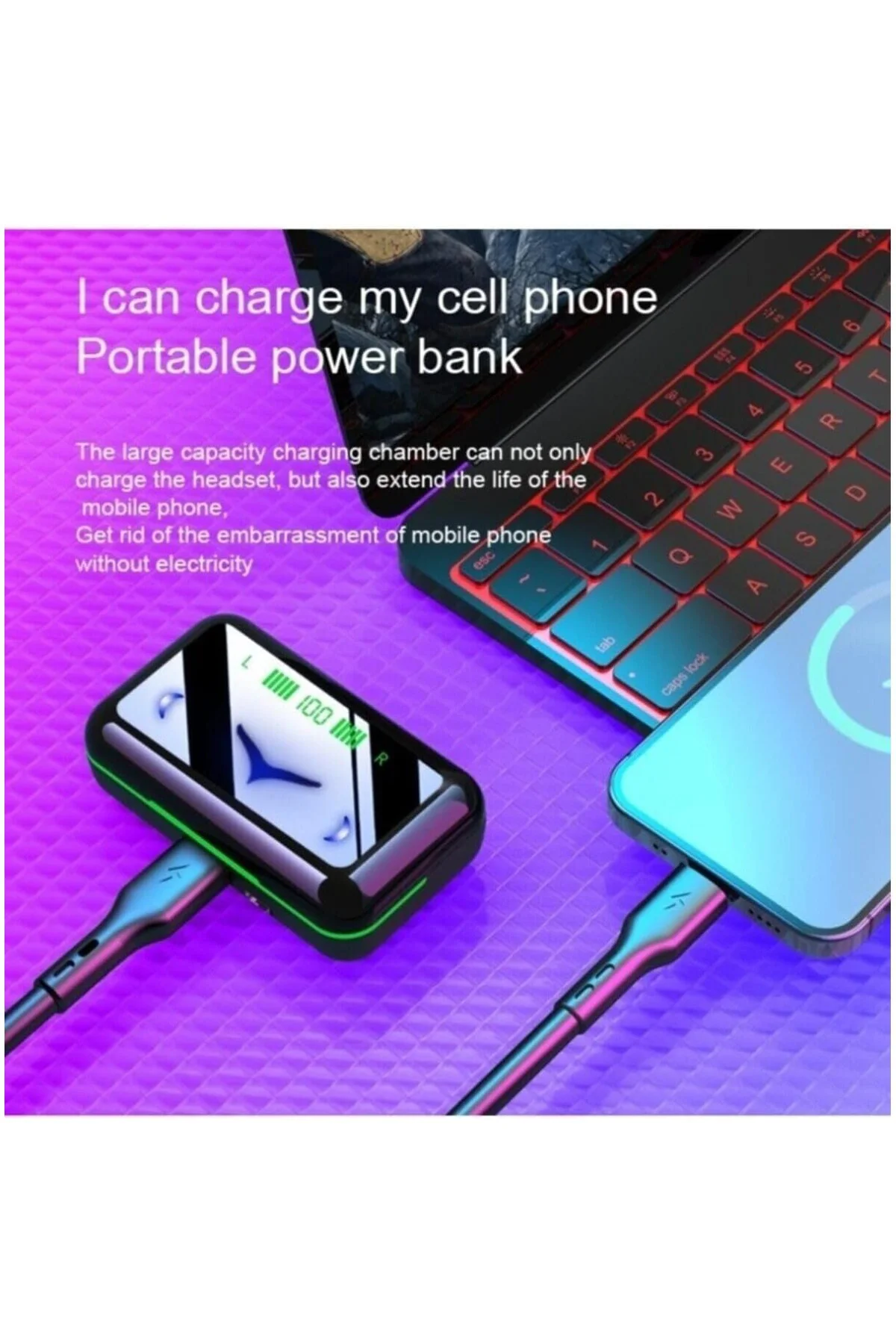 Mipods Kablosuz Kulaklık Bluetooth V5.1 Oyuncu Işıklı Göstergeli Çift Mikrofonlu Powerbankli