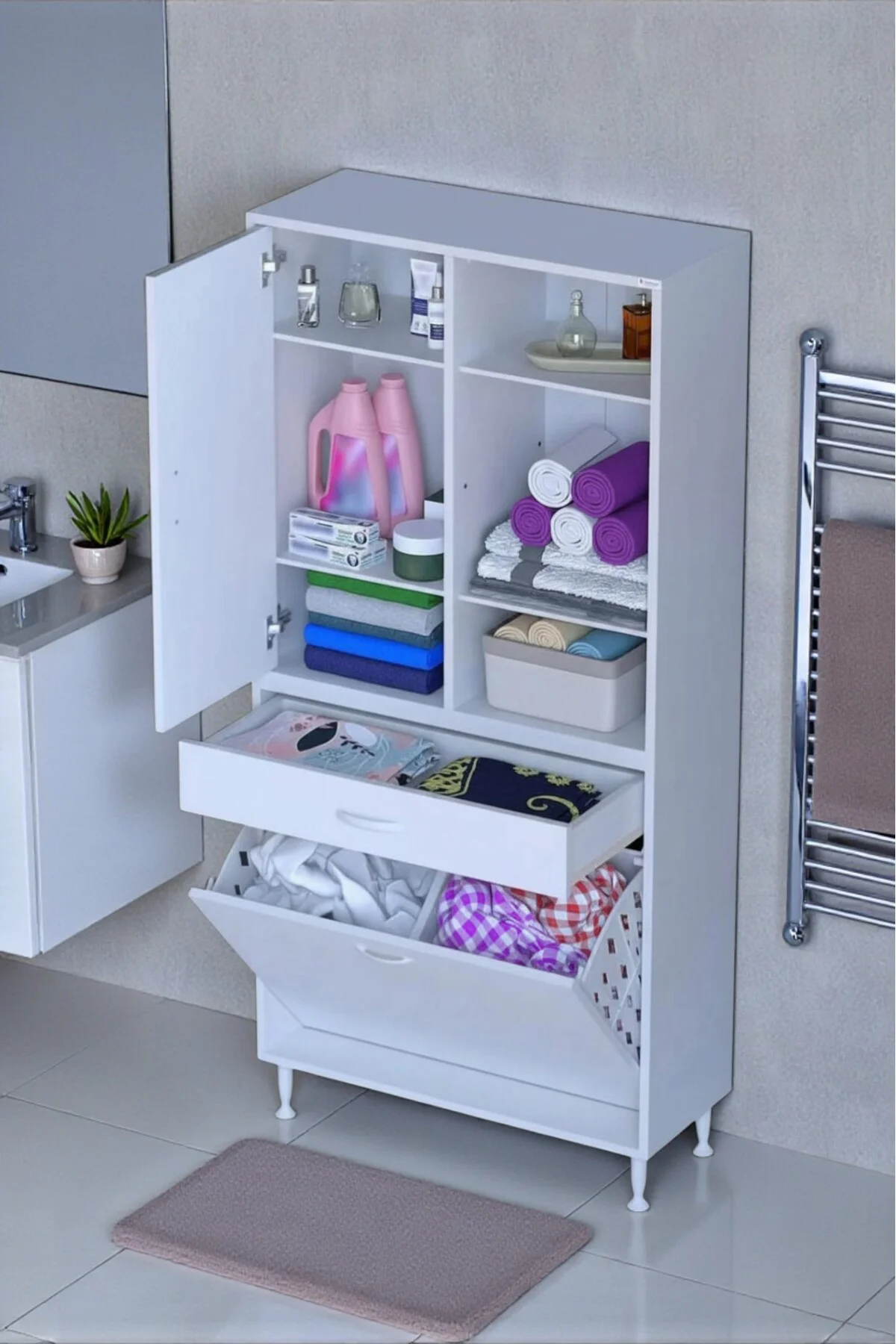 Mira Dolap 6 Bölme Çok Fonksiyonlu Banyo Dolabı 70 cm Beyaz Sepet