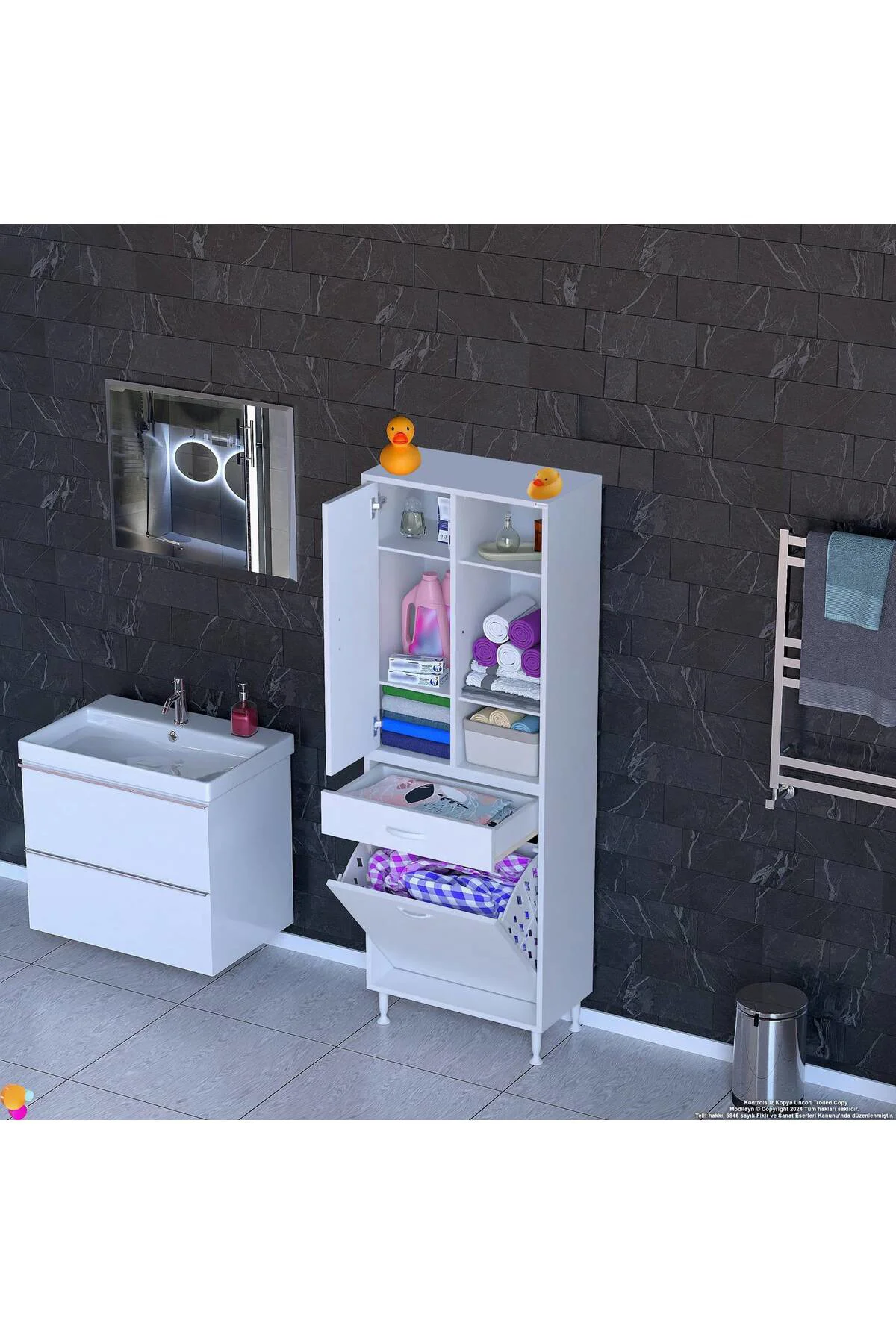 Mira Dolap 6 Bölme Çok Fonksiyonlu Banyo Dolabı 65 cm Beyaz Sepet