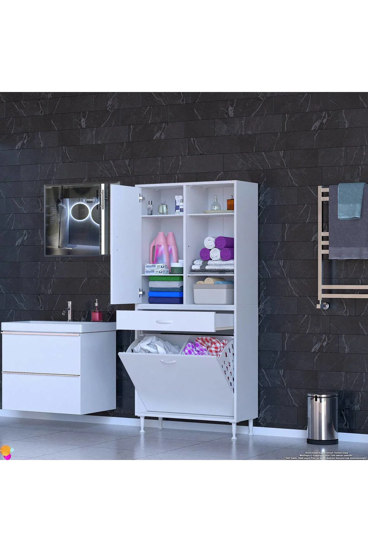 Mira Dolap 6 Bölme Çok Fonksiyonlu Banyo Dolabı 70 cm Beyaz Sepet
