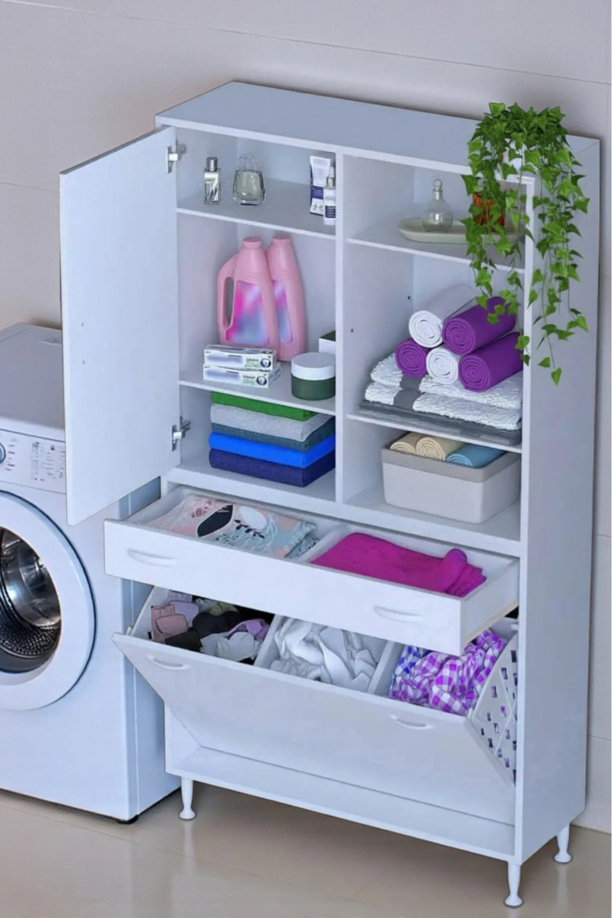 Mira Dolap 6 Bölme Çok Fonksiyonlu Banyo Dolabı 90 cm Beyaz Sepet