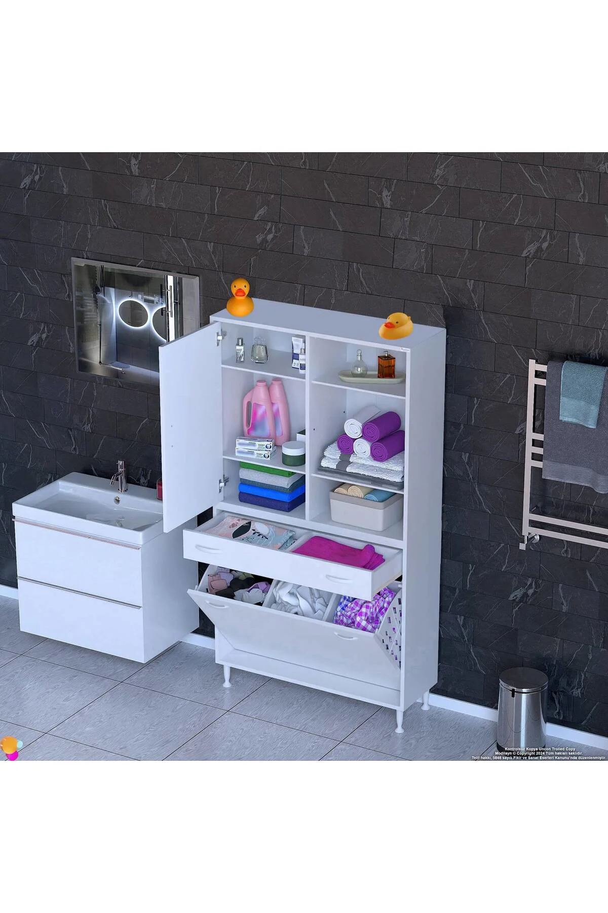 Mira Dolap 6 Bölme Çok Fonksiyonlu Banyo Dolabı 95 cm Beyaz Sepet
