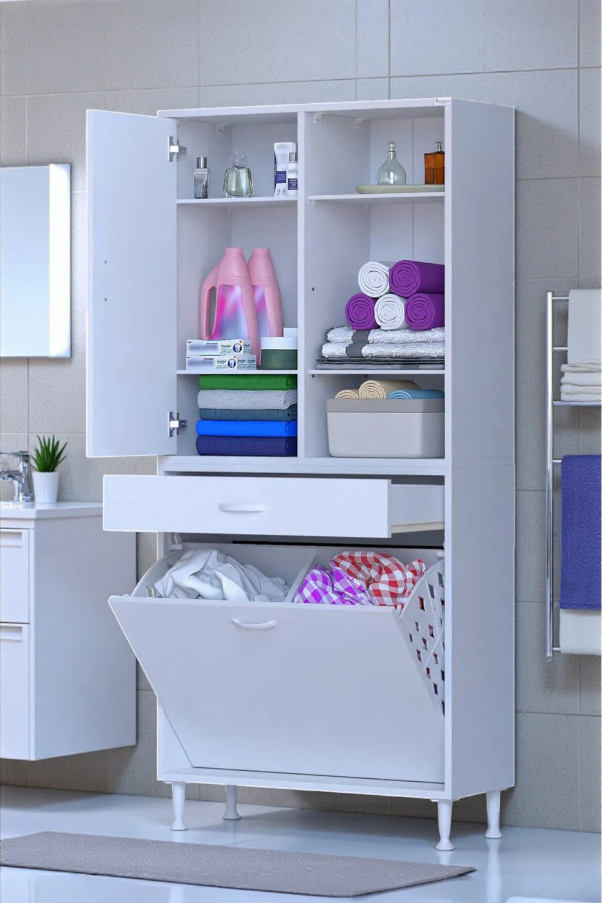 Mira Dolap 6 Bölme Çok Fonksiyonlu Banyo Dolabı 85 cm Beyaz Sepet