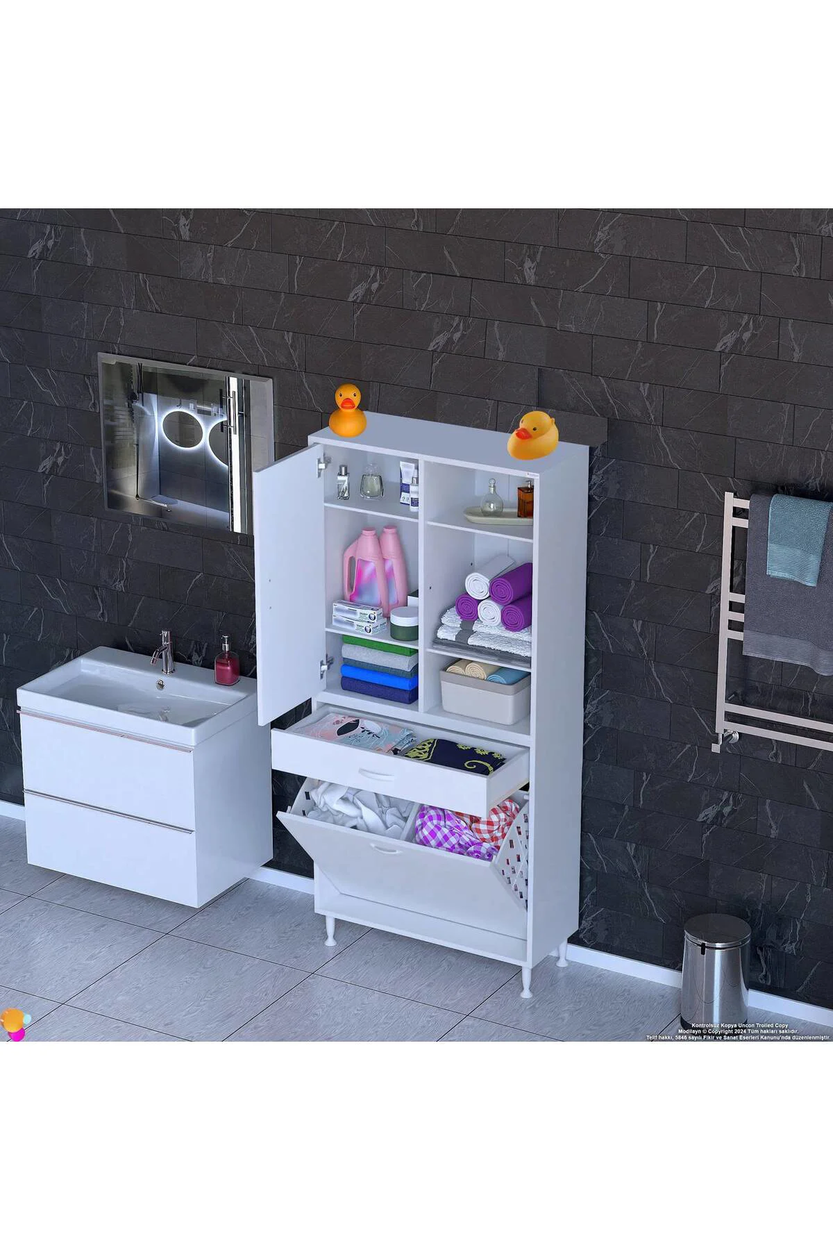 Mira Dolap 6 Bölme Çok Fonksiyonlu Banyo Dolabı 75 cm Beyaz Sepet