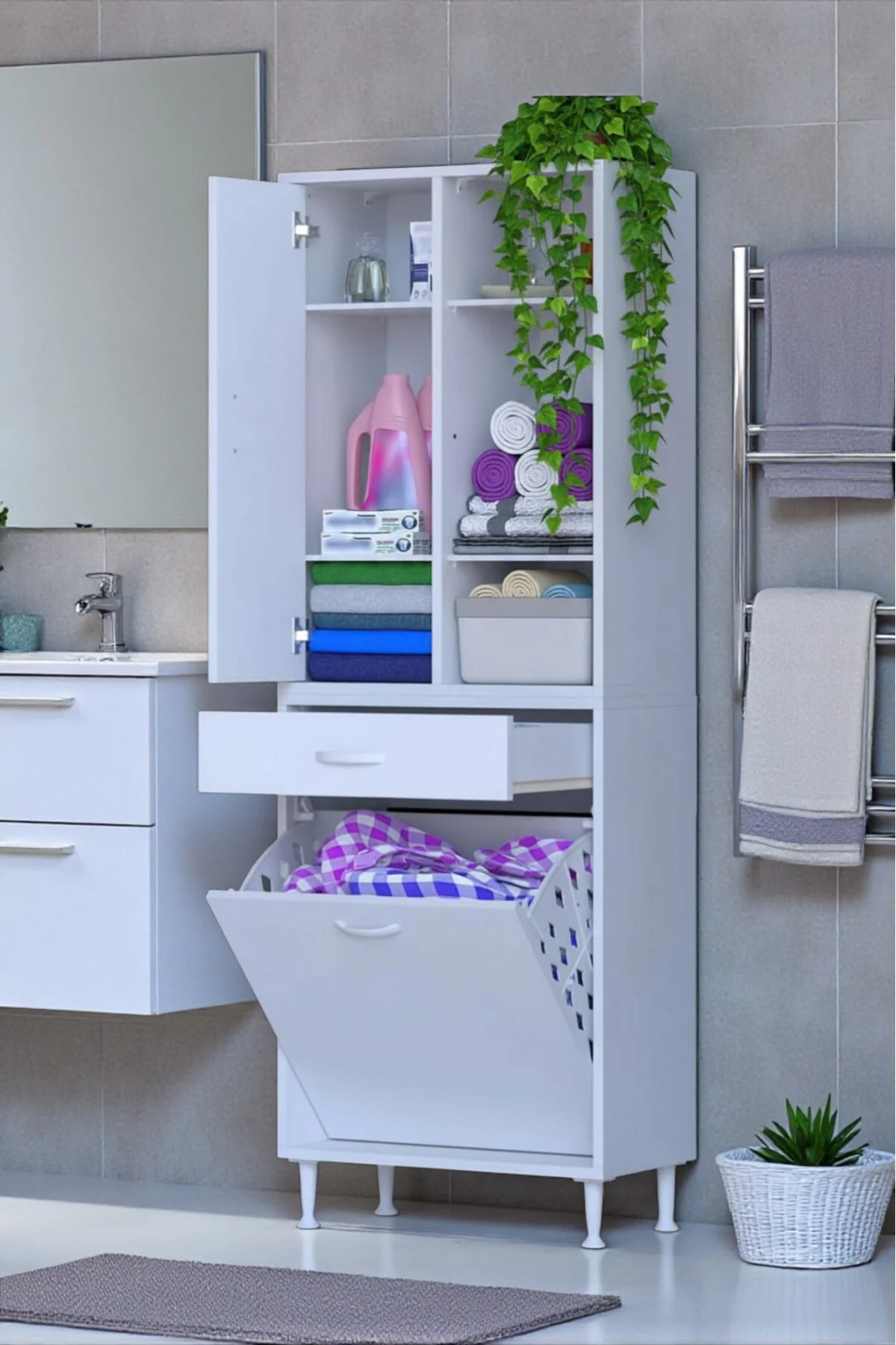 Mira Dolap 6 Bölme Çok Fonksiyonlu Banyo Dolabı 55 cm Beyaz Sepet