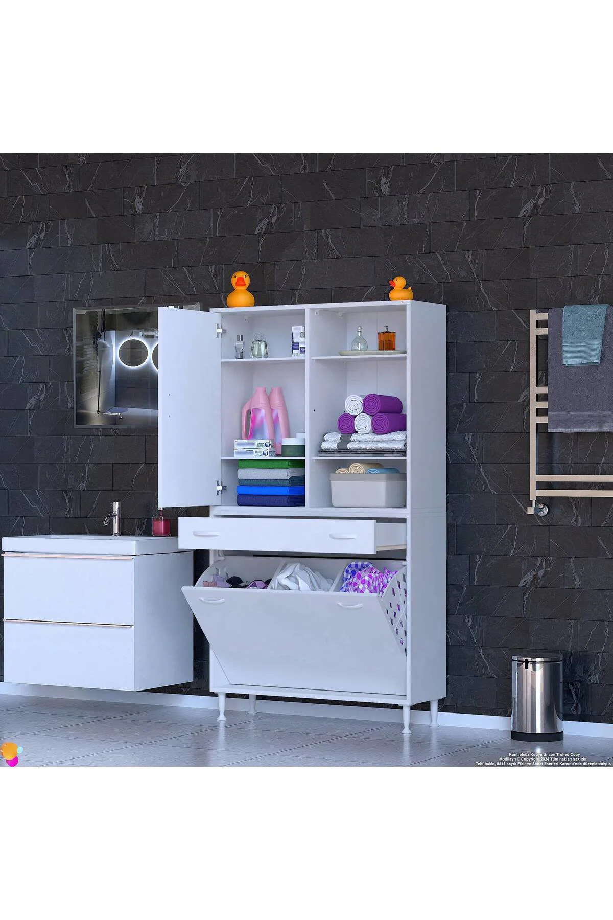 Mira Dolap 6 Bölme Çok Fonksiyonlu Banyo Dolabı 100 cm Beyaz Sepe