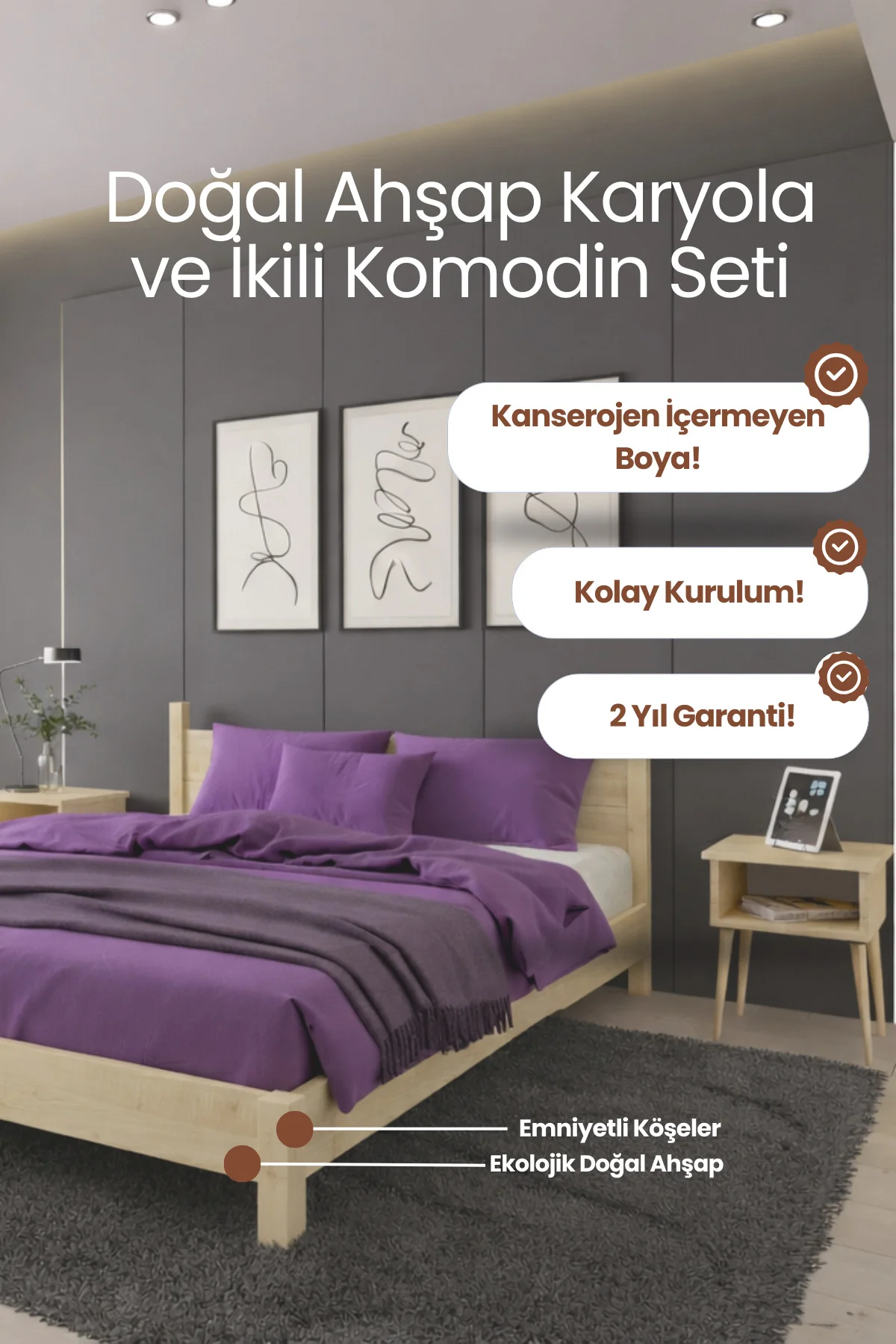 Mirage Model Masif Ahşap Karyola ve 2 Adet Komodin Kolay Kurulum Fırınlanmış İthal Sibirya Çamı 140x190 Yatak Uyumlu 2 Adet Komodin